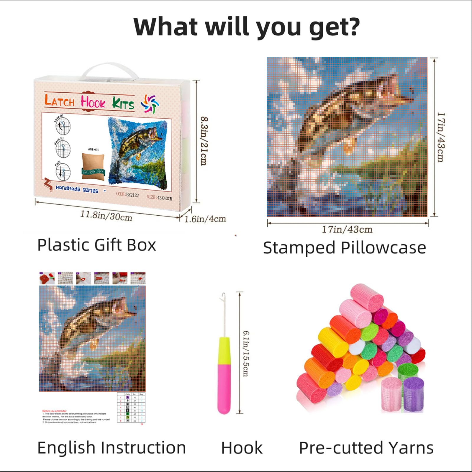 Fish Bass Bite Fishhook Jump DIY Latch Hook Pillow Kits for Adults Printed Pillowcase Crochet Yarns Hooking Handmade Pillow Cover Cushion for Home Sofa Decoration 17x17inch