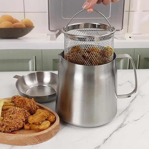 Miniatura 7 de Olla de filtro de aceite de acero inoxidable 304 de 68 onzas, contenedor de grasa de tocino resistente y canasta para freidora, recipiente de filtro