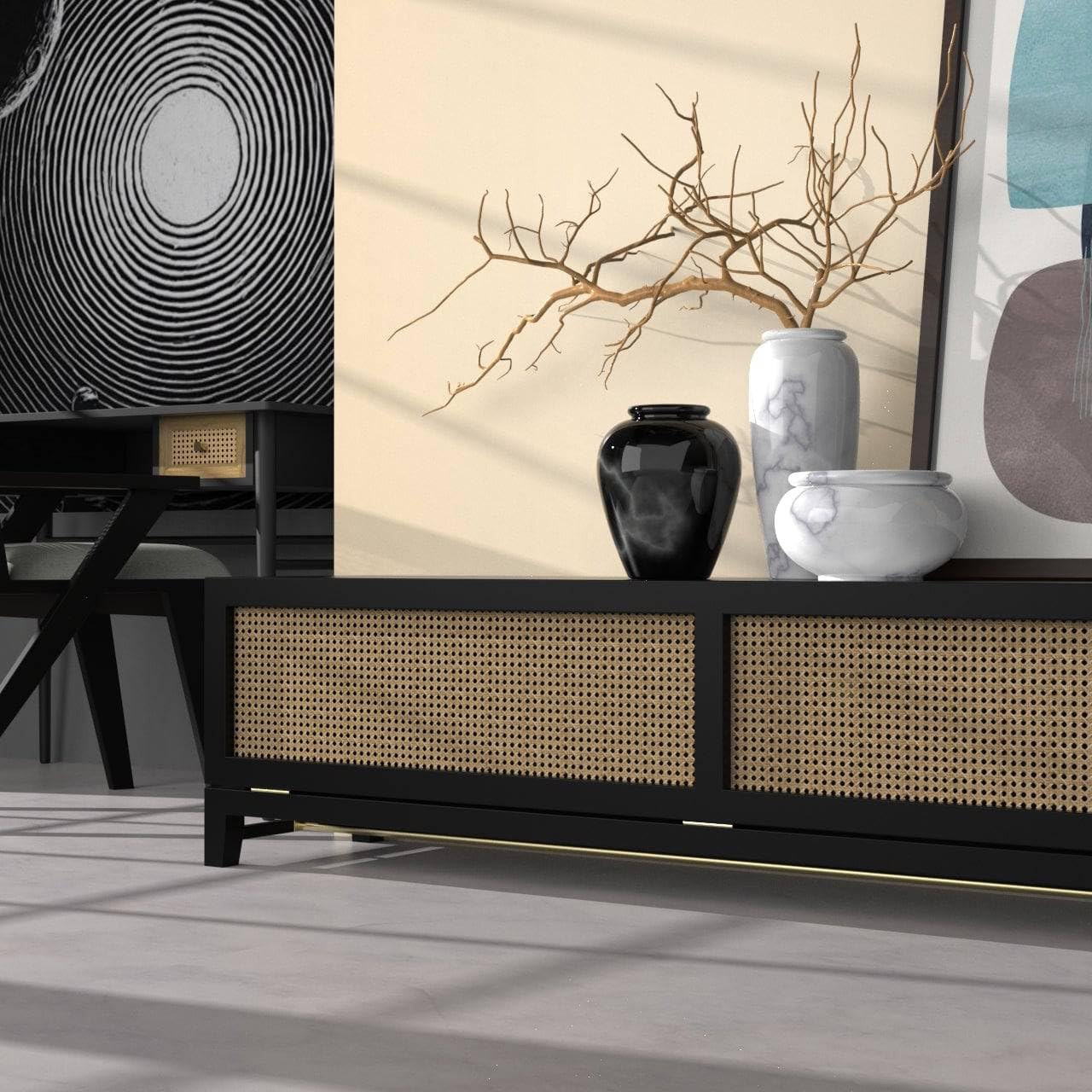 TV Stand with Rattan Cane Webbing Doors, Walnut Wood Media Console, Low Profile Entertainment Unit Walnut (180 * 40 * 45)-image-12