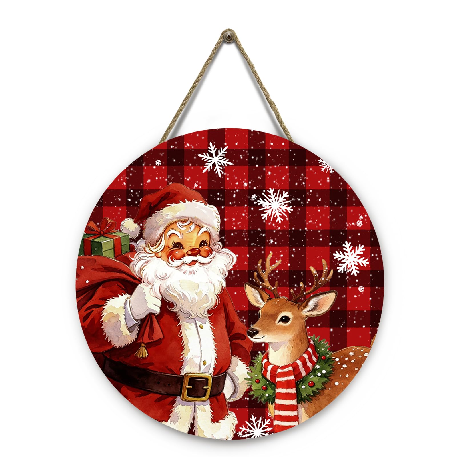 Christmas Santa Door Sign Xmas Door Hanger for Wreath 12x12 Inch