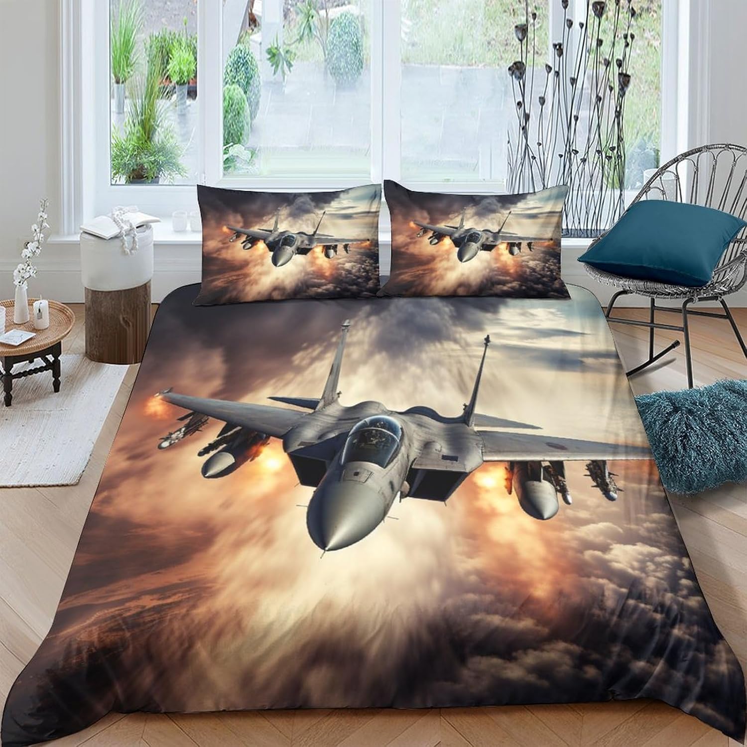 Housse de couette 260x230 cm avion 3D parure de lit enfant adulte avec taies d'oreiller