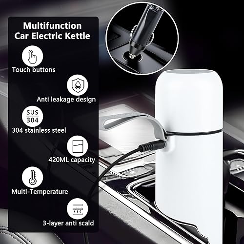 Miniatura 2 de Hervidor eléctrico portátil de viaje de 12 V24 V, 14.2 fl oz y 304 de acero inoxidable con inducción magnética incorporada, temperatura de