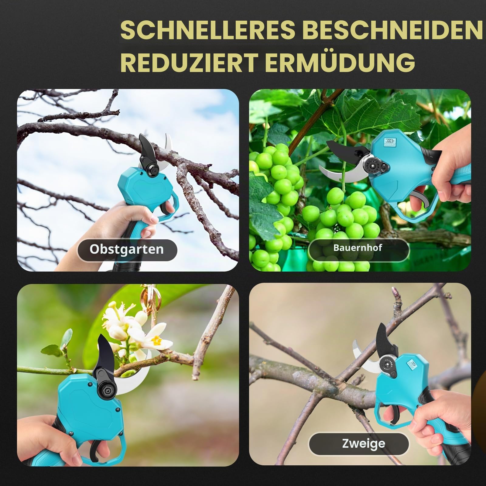 Elektrische Gartenschere，Akku Astschere 50 mm, scharfe Sk7-Klingen, 4000mAh Baumschere mit Display,6–8 Arbeitsstunden Gartenschere mit bürstenlosem Motor für Gartenarbeit und Obstbäume.