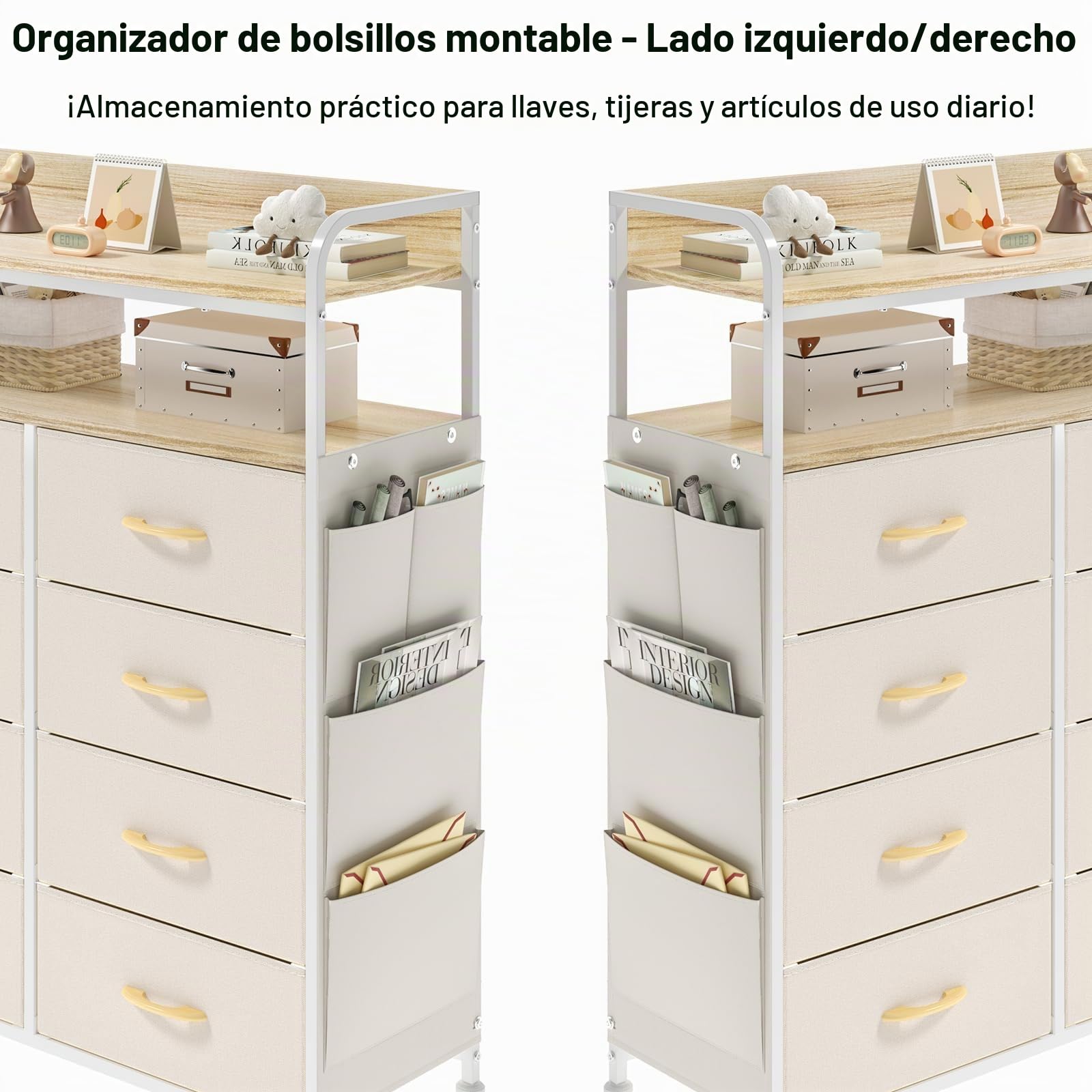 Cómoda, Cajonera de Tela con 8 Cajones de Tela, Cómoda de Tela, 4 Bolsillos Laterales, Estructura Metálica, para Sala de Estar, Pasillo, Beige