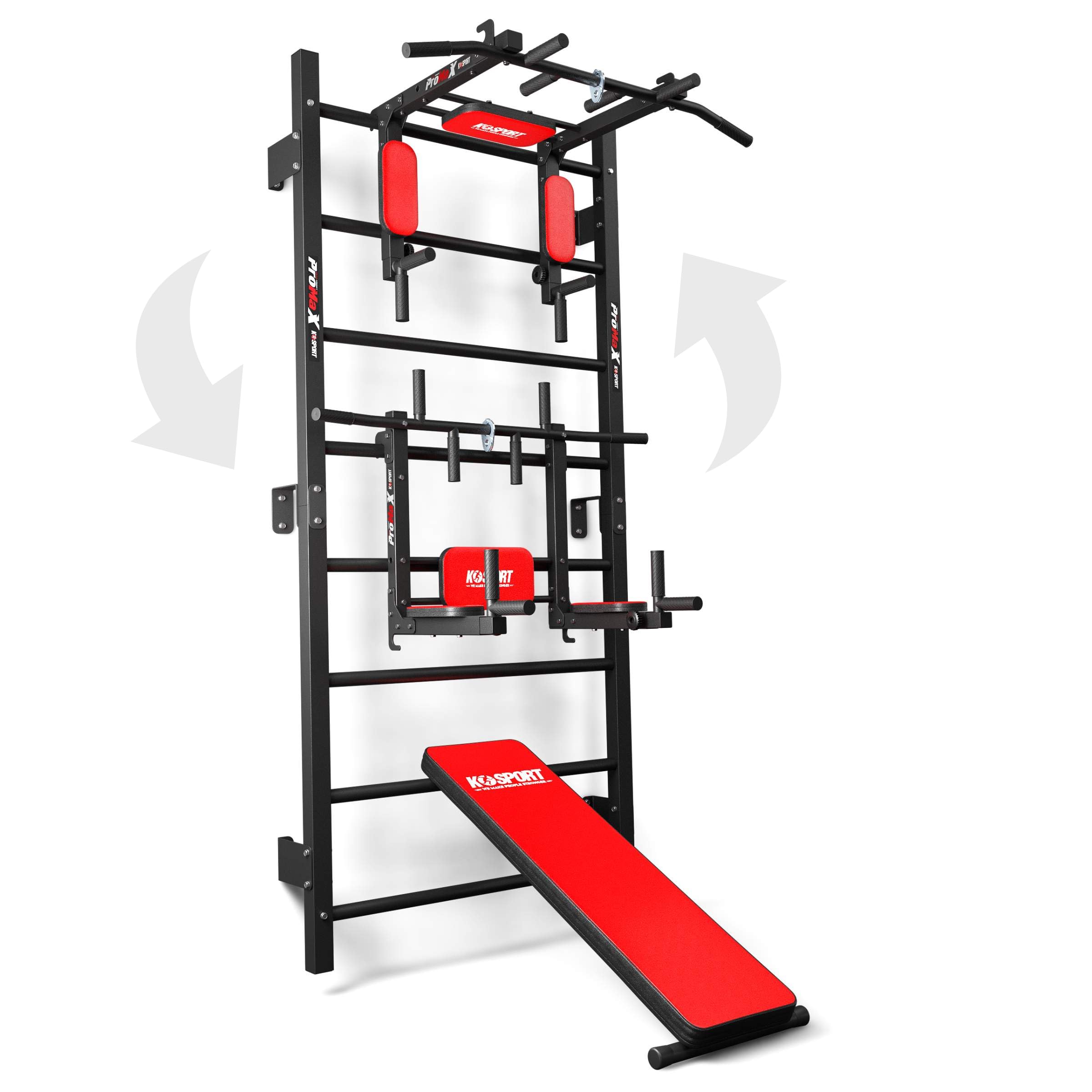 K-Sport: Juego de Entrenamiento con espaldera I estación de Dip I Barra de dominadas y Banco de Entrenamiento I estación de Fuerza con Barra de dominadas I Barra y Banco de Pesas, Incl. E-Book
