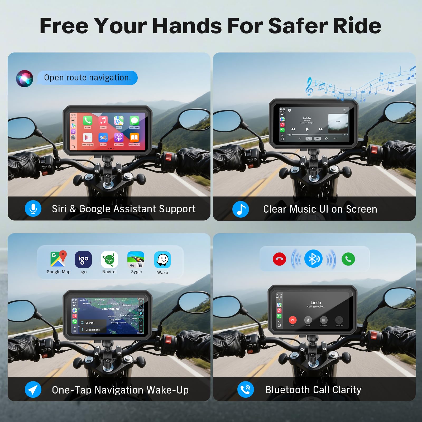 WonVon 6.25 Inch Wireless Motorcycle Carplay GPS Navigation System with Apple Carplay and Android Auto Portable Screen with Dual Bluetooth, Navigation, Siri, Google Assistant