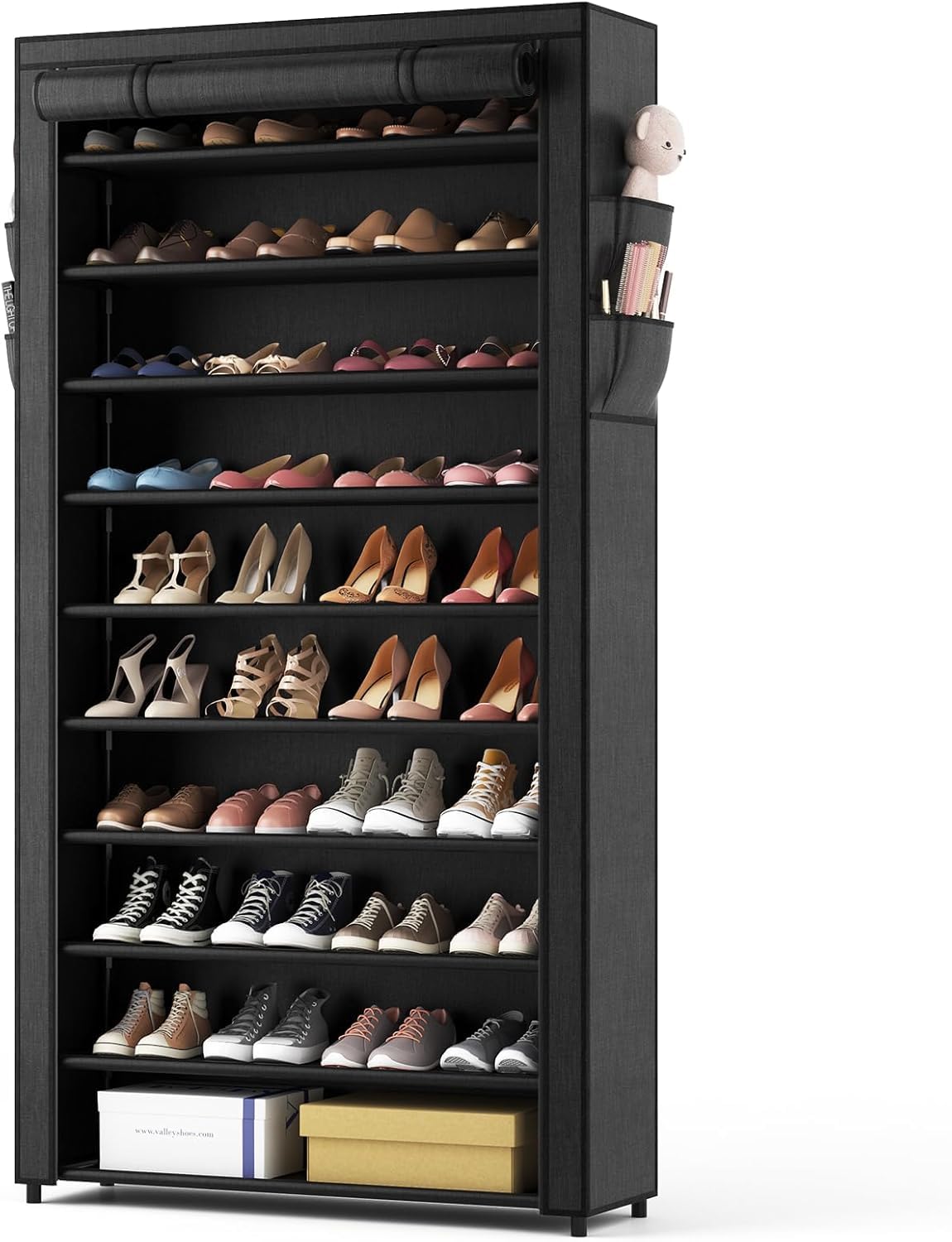 SRRSO 10 Tier Shoe Rack with Dustproof Cover, Large Capacity Shoe Storage Tall Shoe Shelves Holds 40-45 Pairs Shoes for Inside Wardrobe, Living Room,Hallway,Entryway Black