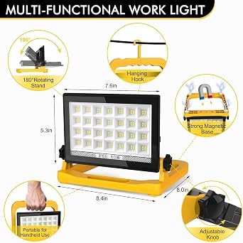 60W LED Work Light, Mains Powered Loft Light with 13ft Wire & Switch | 5400LM Job Site Lights with Handle, 220V Plug in FloodLight, IP65 Waterproof Construction Light for Workshop Car Repairing [Energy Class F]