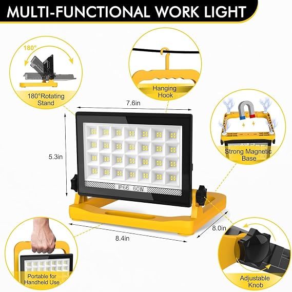 60W LED Work Light, Mains Powered Loft Light with 13ft Wire & Switch | 5400LM Job Site Lights with Handle, 220V Plug in FloodLight, IP65 Waterproof Construction Light for Workshop Car Repairing [Energy Class F]