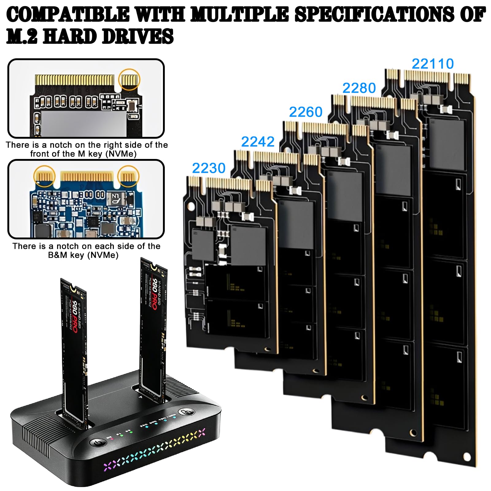 M.2 NVMe SATA SSD Clone Dock, USB 3.2 Gen 2x2 20Gbps Dual Bay M2 NVMe SSD Case Docking Station Reader Duplicator con Clonazione Offline Hard Disk Docking Station Clone Station per 2230/2242/2260/2280