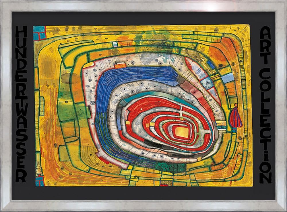 artissimo Bild gerahmt 72x53 cm Friedensreich Hundertwasser „Insel im gelben Meer“ AG4691 – hochwertiger Kunstdruck mit Rahmen, modernes Wandbild für Wohnzimmer, Büro & Praxis
