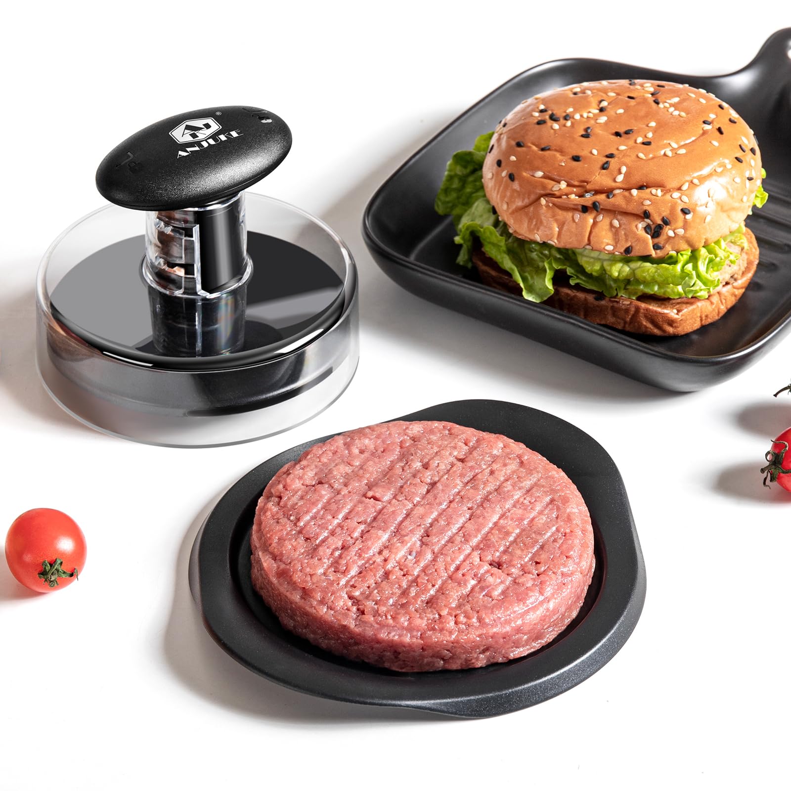 ANJUKE Burger Press, 6.4 inch Round Burger Smasher, 2 in 1 Non-Stick Burger Press Patty Maker for Making 1/2 lb and 1/4 lb BBQ Baking Stuffed Burgers Beef Burger(Black) — view 9