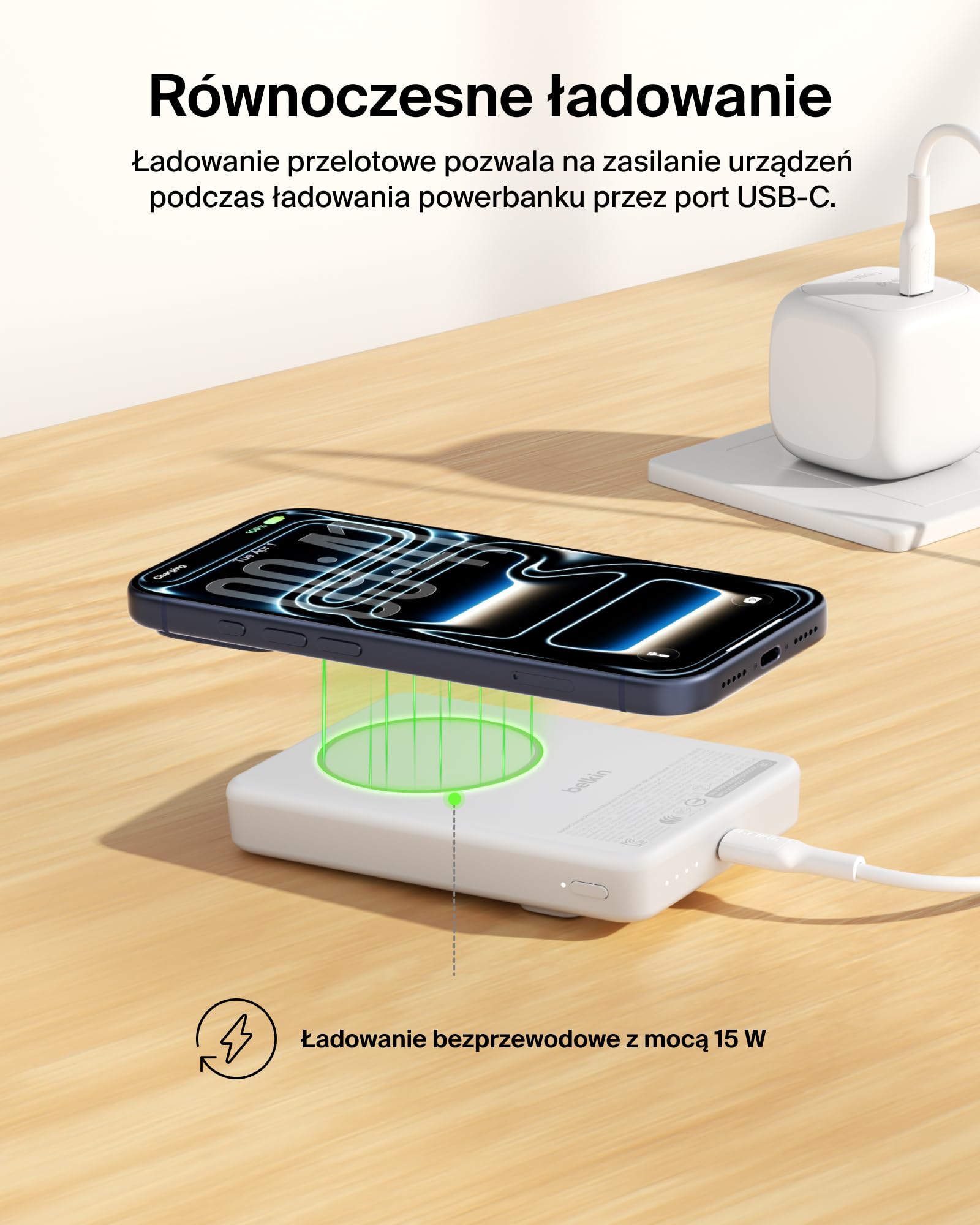 Belkin BoostCharge Niskoprofilowy Magnetyczny Powerbank 10 000 mAh – Biały | Powerbank Bezprzewodowy 10 000 mAh, Certyfikat Qi2, Pierścień Magnetyczny, Port USB-C, Kabel, Podpórka, do Podróży Samolotem