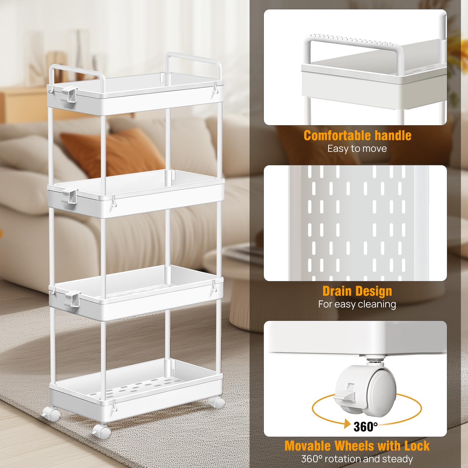 Carrito de Almacenamiento con Ruedas y asa, Carrito utilitario metálico rodante para baño, Cocina, Dormitorio, lavadero, Oficina, Organizador de estanterías móvil.