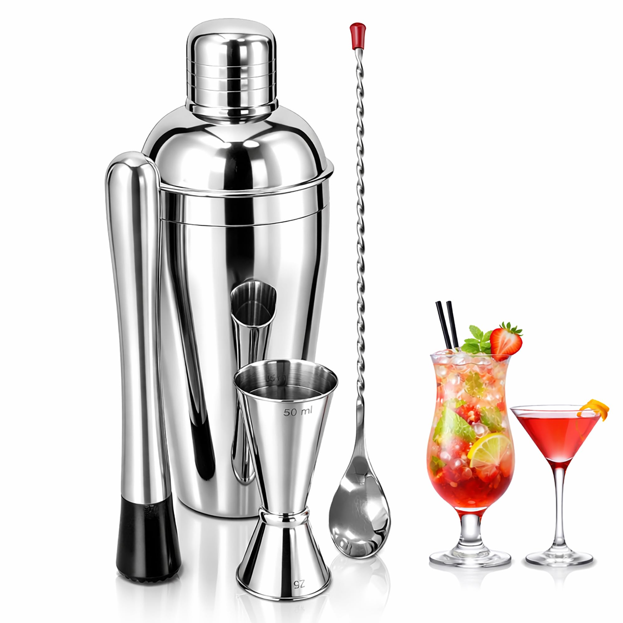 Chabrias Ltd Silver 4 Piece Premium Stainless Steel Cocktail Shakers Set,Cocktail Making Kit, Cocktail Set, Shaker, Jigger, Muddler, Strainer, Pourers, Mixing Spoon, Bar Blade &