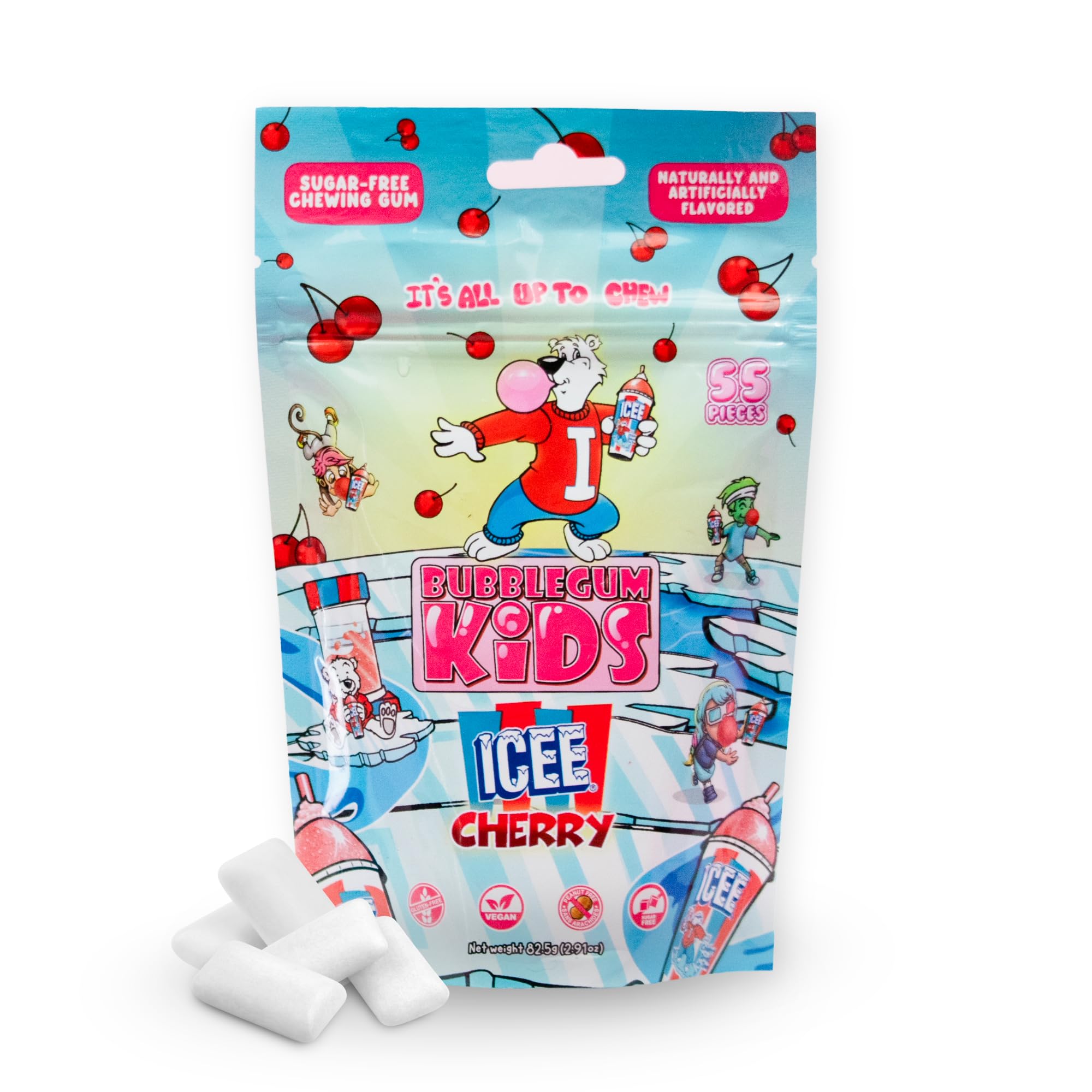 ICEE Cherry Sugar Free Gum by Bubblegum Kids | Sugarless Gum with Xylitol | Vegan, Peanut Free, Low Calorie Candy Alternative for Kids & Adults | Resealable Bag, 55 Pieces Per Pack, 1 Pack