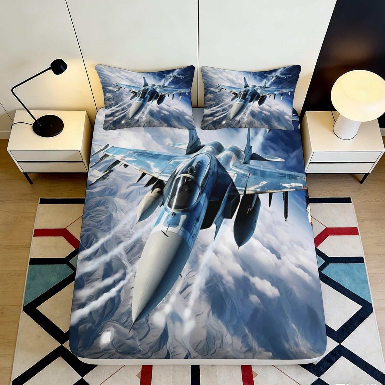 3D Printed Fighter Jet Fitted Sheet Microfiber Soft Blue Aircraft Bed Cover for Bedroom Guest Room Decor Mattress Protection 90x200x25cm