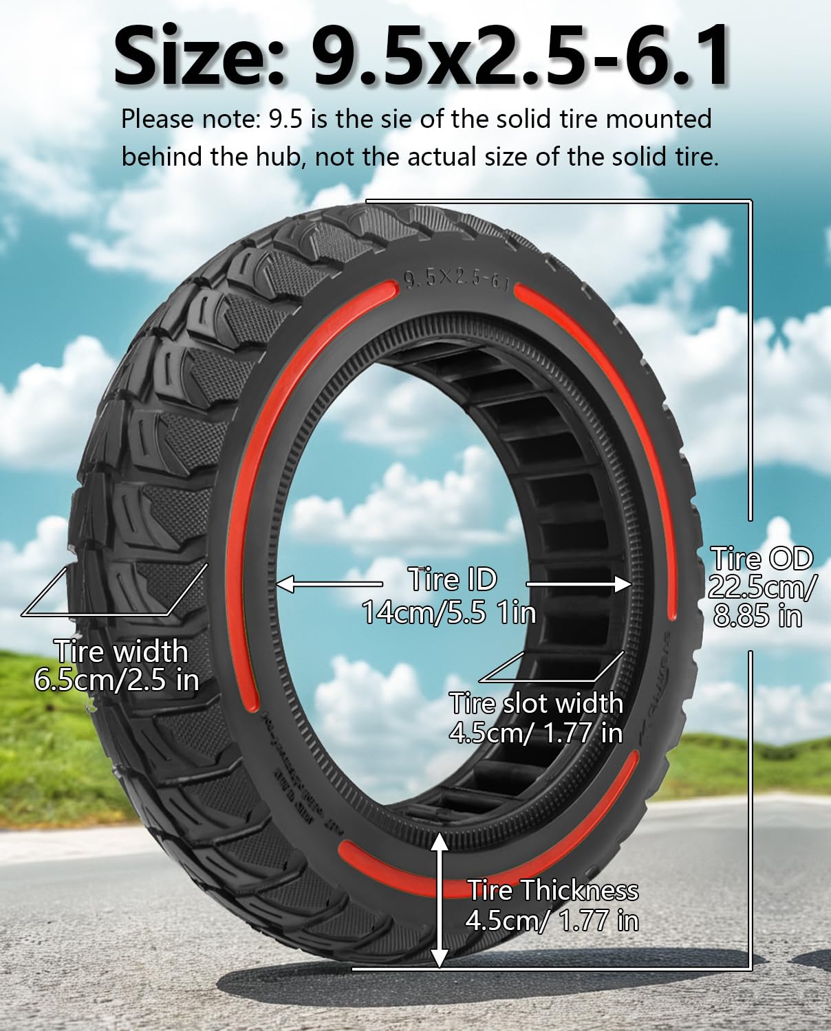 GLDYTIMES 9.5x2.50 Solid Tire, Replacement for NIU KQi3 MAX tire, Fit fot NIU KQi3 Pro/Sport Scooter, 9.5x2.5-6.1 Off-road Tubeless tire, Puncture-Free, Hassle-Free Maintenance, Shockproof (Red 1Pc)