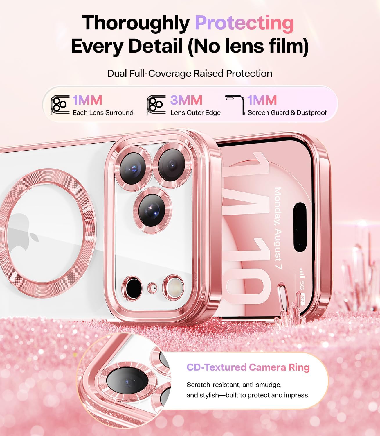 Meifigno Designed for iPhone 17 Pro Case 6.3", [Glitter Card & Wrist Strap][Compatible with MagSafe][2X HD Screen Protectors] Surround Raised Lens Protection for 17 Pro Phone Case for Women, Rose Gold - Image 3