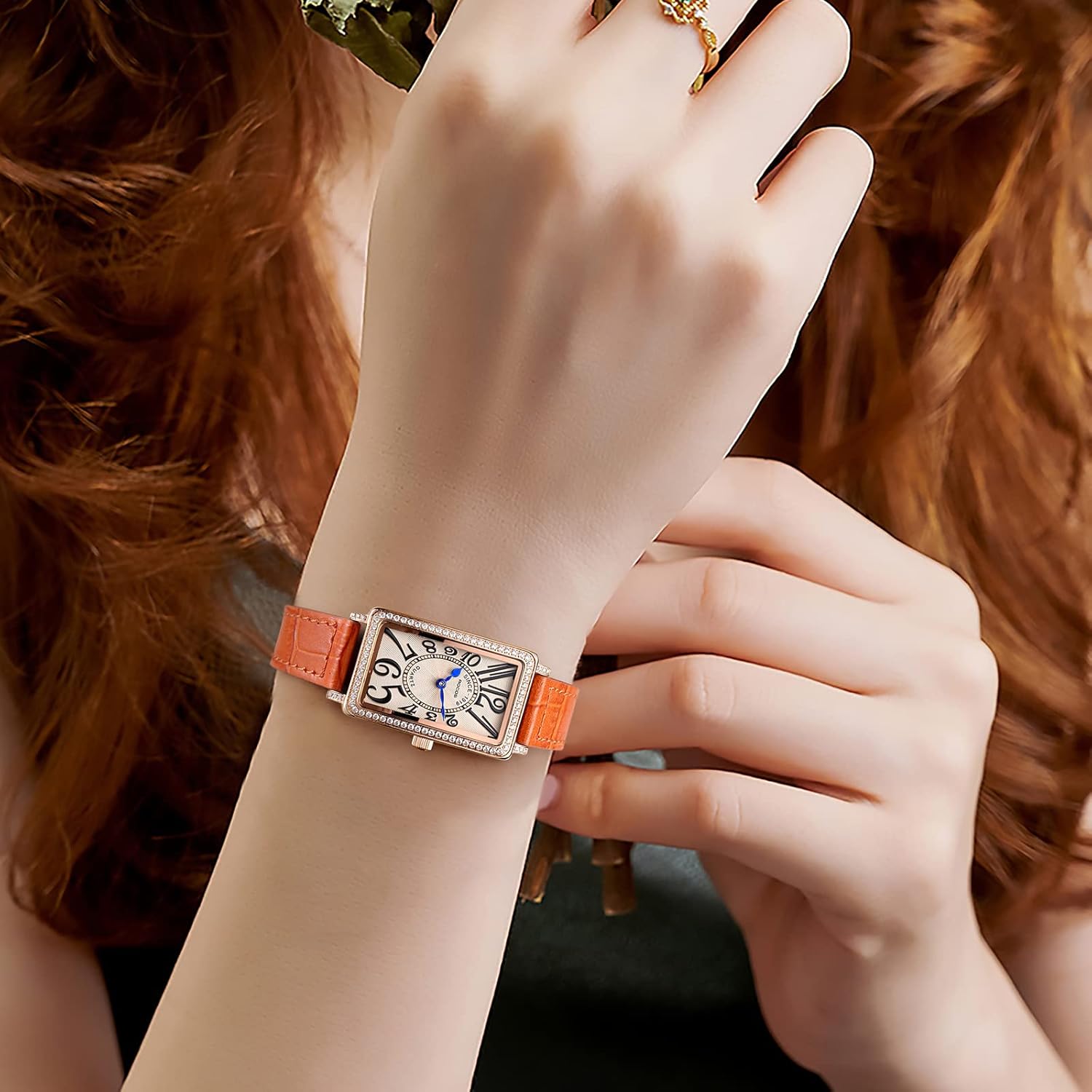 Rectangle Watch for Women with Easy Read Arabic Numeral Ladies Casual Dress Watch Orange/Blue Leather Band Watches - Water Resistant Gift for Her - Image 6