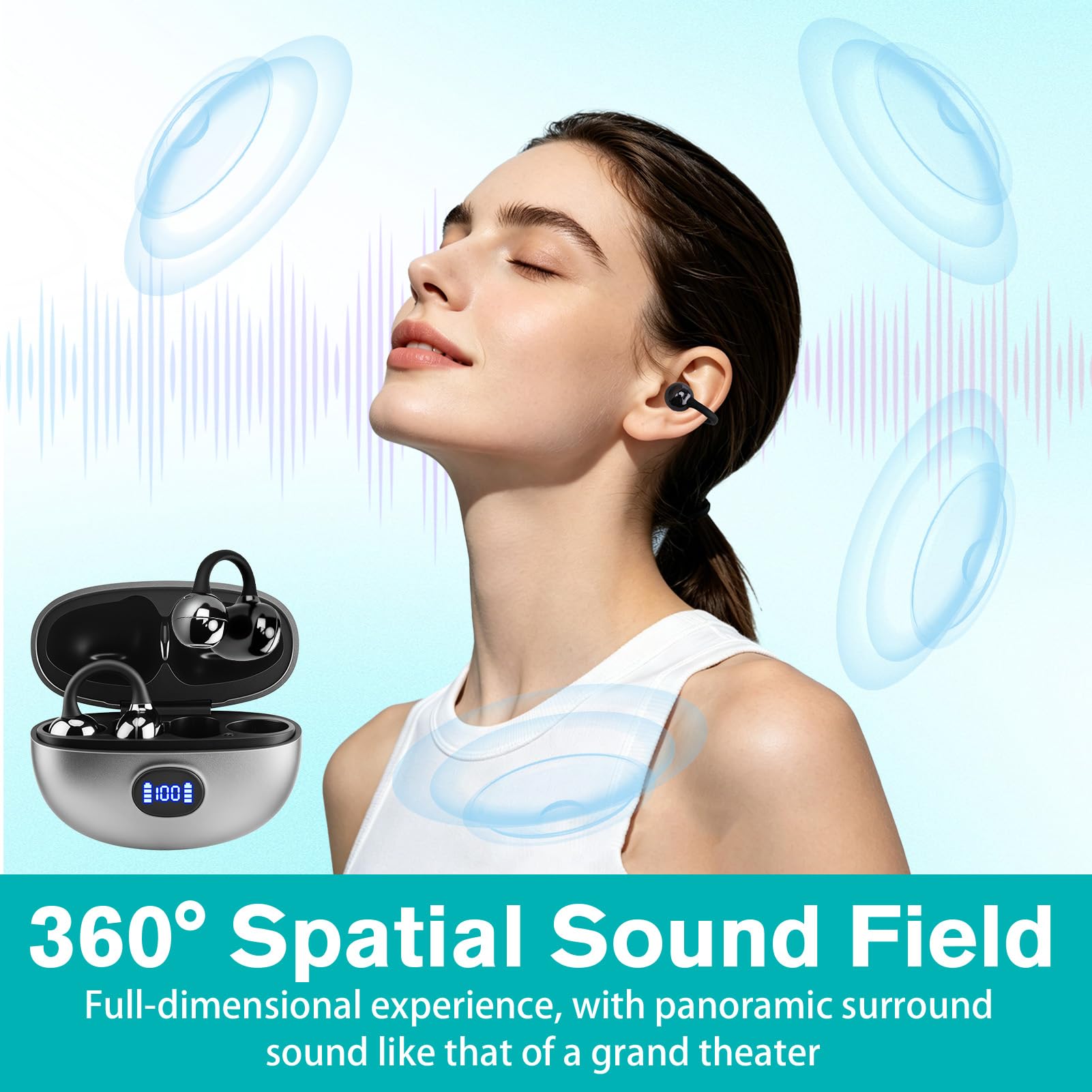Auricolari Bluetooth senza fili,Open-Ear con clip, cancellazione del rumore, leggero con clip, impermeabile, display a LED, per sport, corsa, studio, viaggi (iOS e Android), qualità del suono di