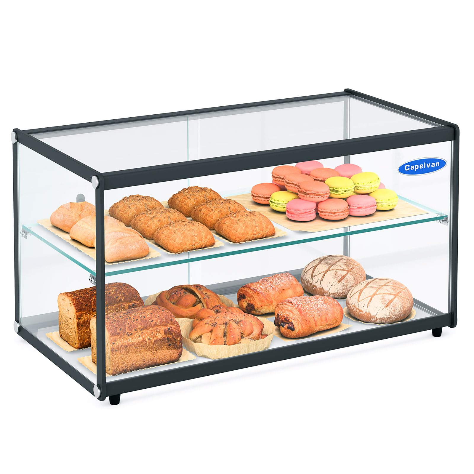 Capeivan Bakery Display Case, 85L Tempered Glass & Aluminum Frame with Sliding Rear Door, 29.3" L×15.3" W×15.4" H Countertop Pastry Cabinet for Bakery