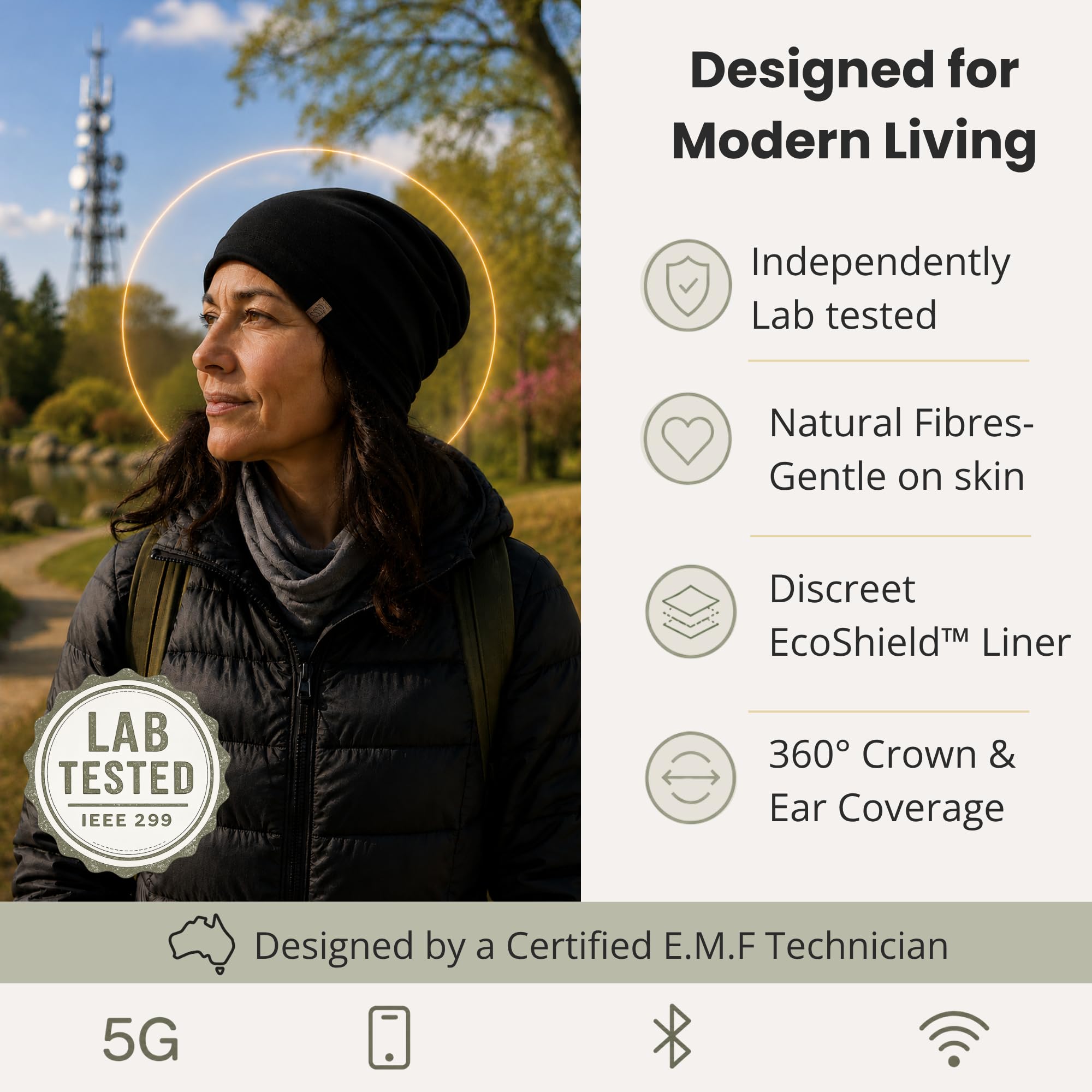 Gorro de algodón orgánico y Viscosa de bambú, con Forro EcoShield Bamboo Lyocell Fara-Day, Ideal para entornos Diarios de 5 G, B T, medidor Inteligente y Wi Fi