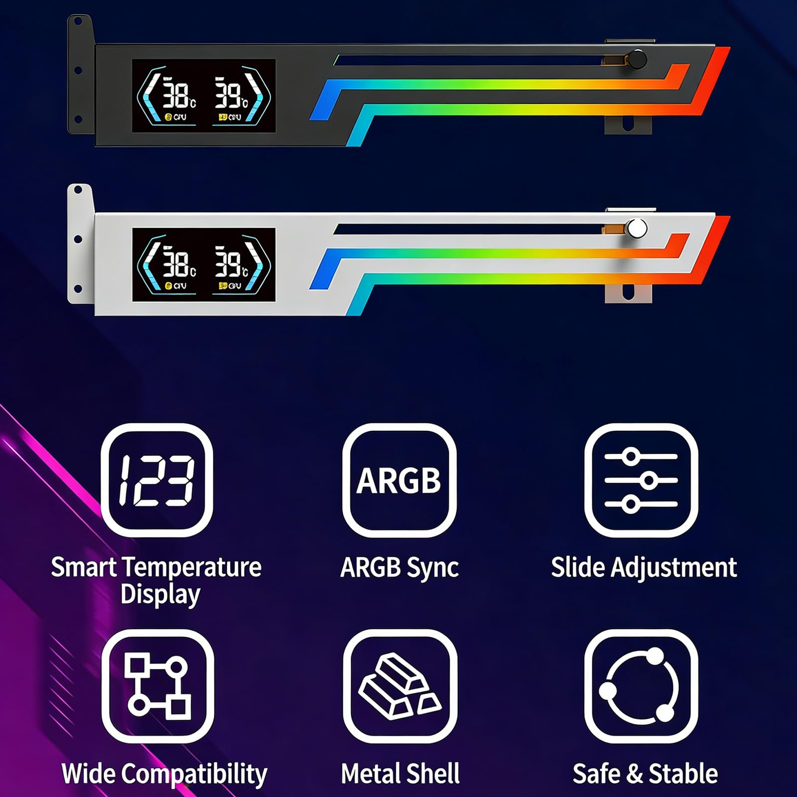 Universals - Supporto GPU AntiSag con display della temperatura e illuminazione RGB a 5 V 3 pin per ATXes Case RGBs supporto scheda grafica