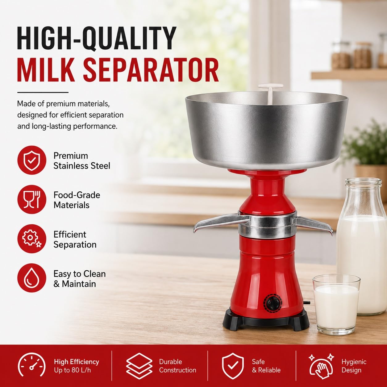 Odśrodkowy Separator Mleka, Ekstraktor Śmietanki 80L/H | 10500RPM, misa 12L, stal 304, do gospodarstwa domowego, surowe mleko krowie kozie