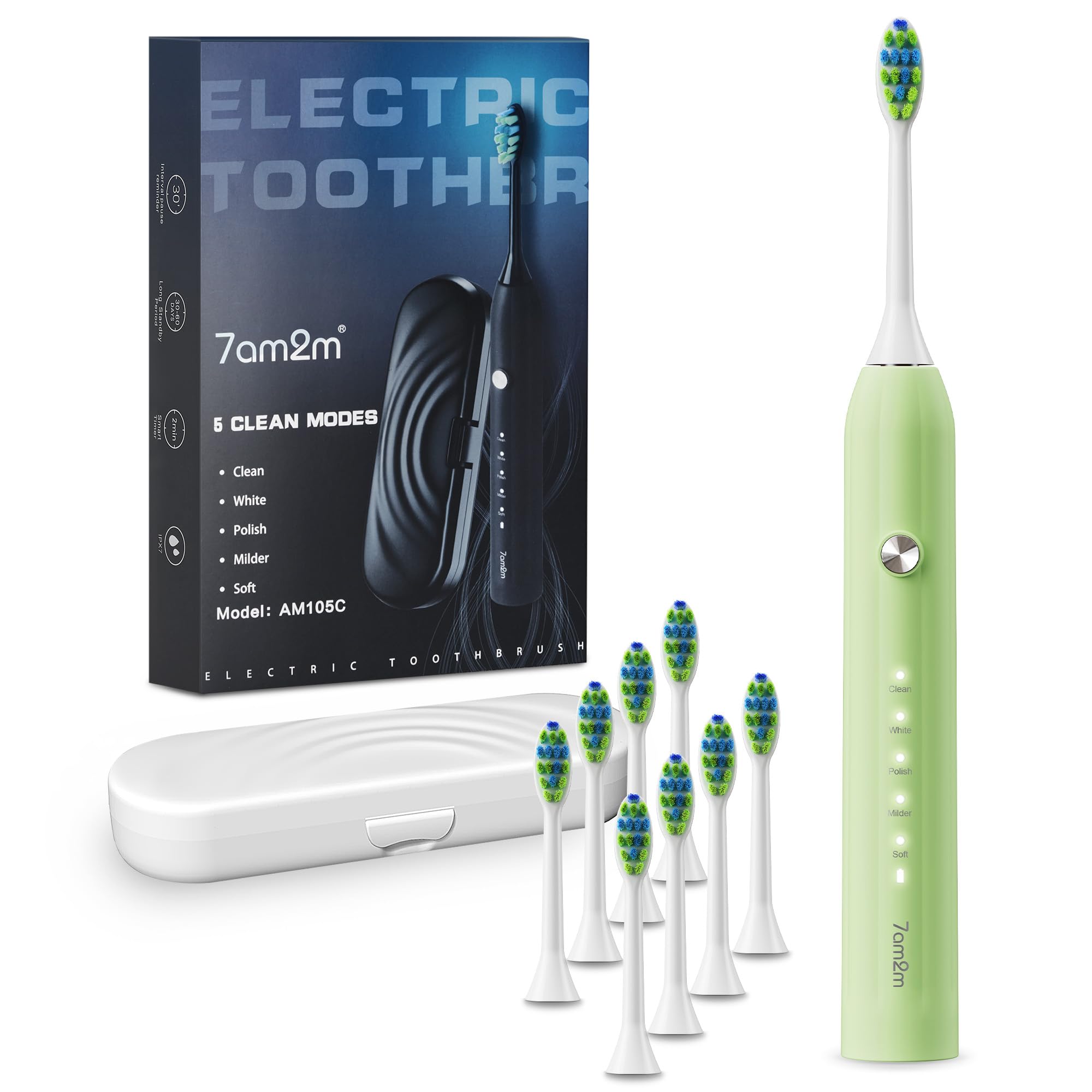 7AM2M Sonic Electric Toothbrush for Adults and Kids, with 8 Brush Heads and Travel Case,5 Modes with 2 Minutes Built in Smart Timer, One Charge Use for 90 Days, Rechargeable Toothbrushes (Light Green)