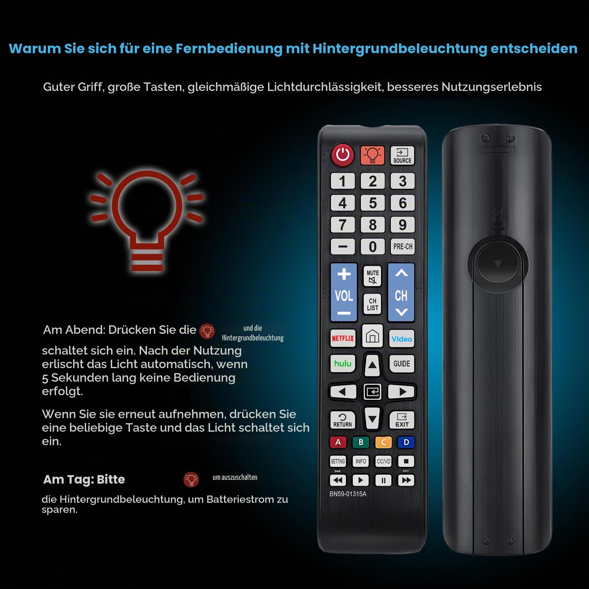 BN59-01315A Universal-Fernbedienung mit Hintergrundbeleuchtung für Samsung TV-Fernbedienung, Ersatz für alle Samsung Smart TV, LED, LCD, HDTV, 3D, Serien TV