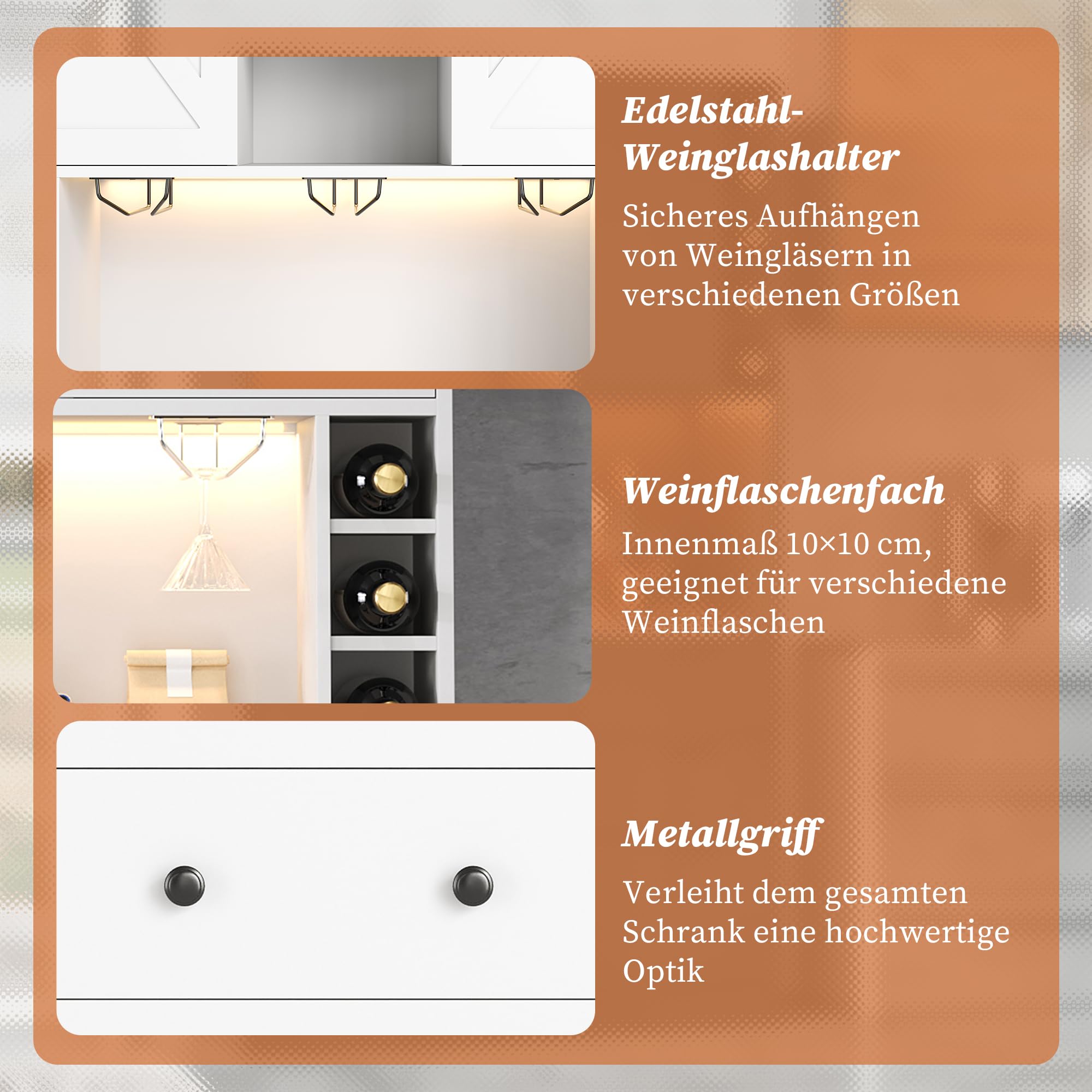 Armario de cocina con encimera, armario buffet con iluminación LED, enchufes, armario alto con soporte para copas de vino y compartimentos para botellas de vino, armario alto para comedor