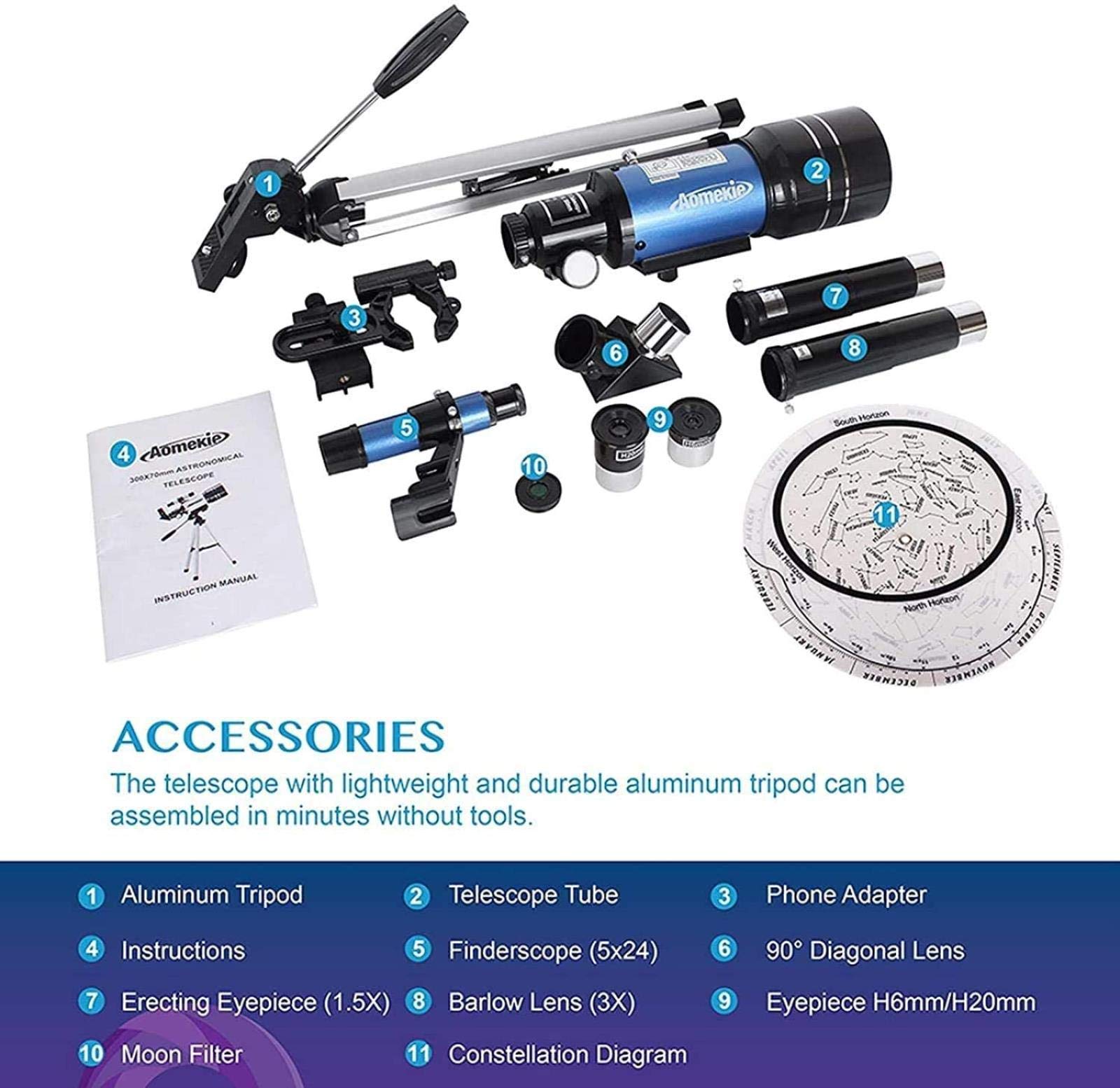 Télescope astronomique réfracteur à Monture Ultra HD de 70 mm pour débutants - Télescope de Voyage avec Sac de Transport, pour intérieur/extérieur