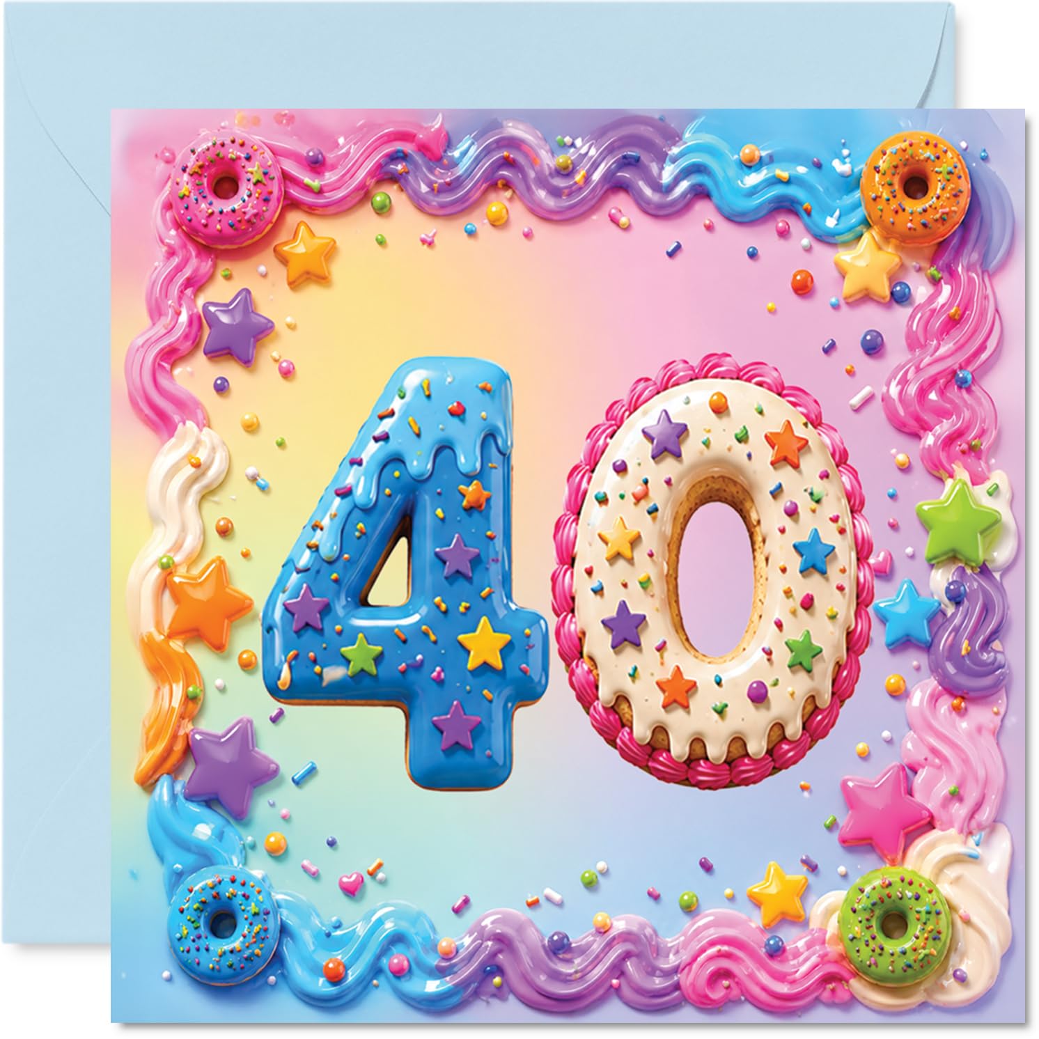 Playful 40th Birthday Card - Sprinkle-topped Celebration - Colourful Donut and Cake-style 40 Design Bursting with Stars - 145mm Square, Envelope Included