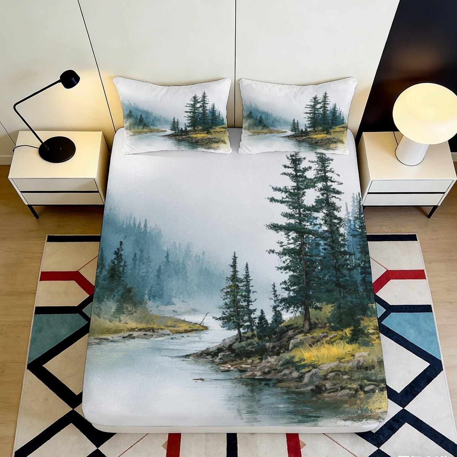 Pnayamiorkfel Style-10 3D Printed Misty Pine Forest Fitted Sheet Microfiber Soft Non-Slip River Landscape Mattress Cover Machine Washable Bedroom Decor 90X200x25cm
