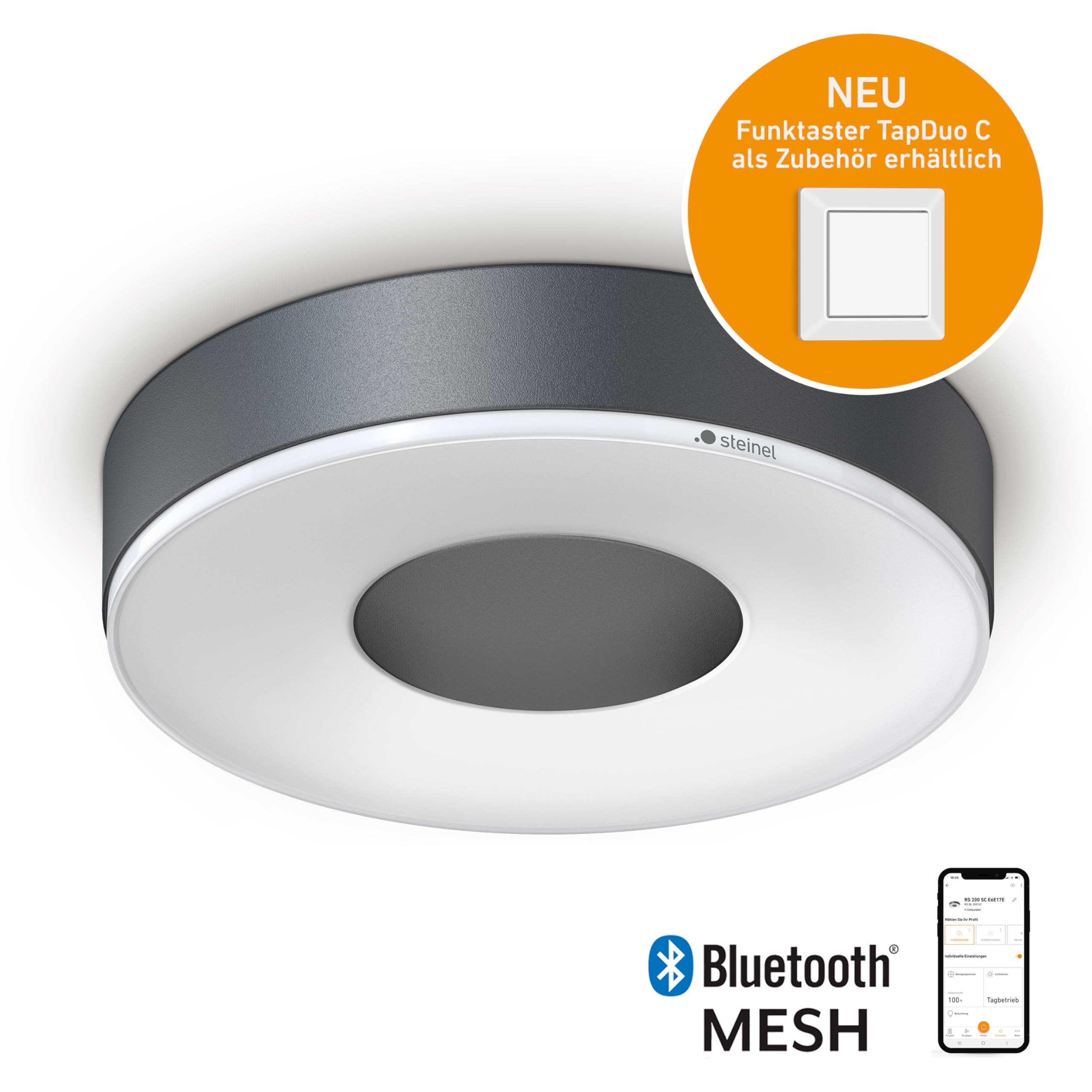 STEiNEL LED plafonnier RS 200 SC, détecteur de mouvement 360°, luminaire intérieur intelligent, peut être mis en réseau, commandé par application Bluetooth 078782 Anthracite