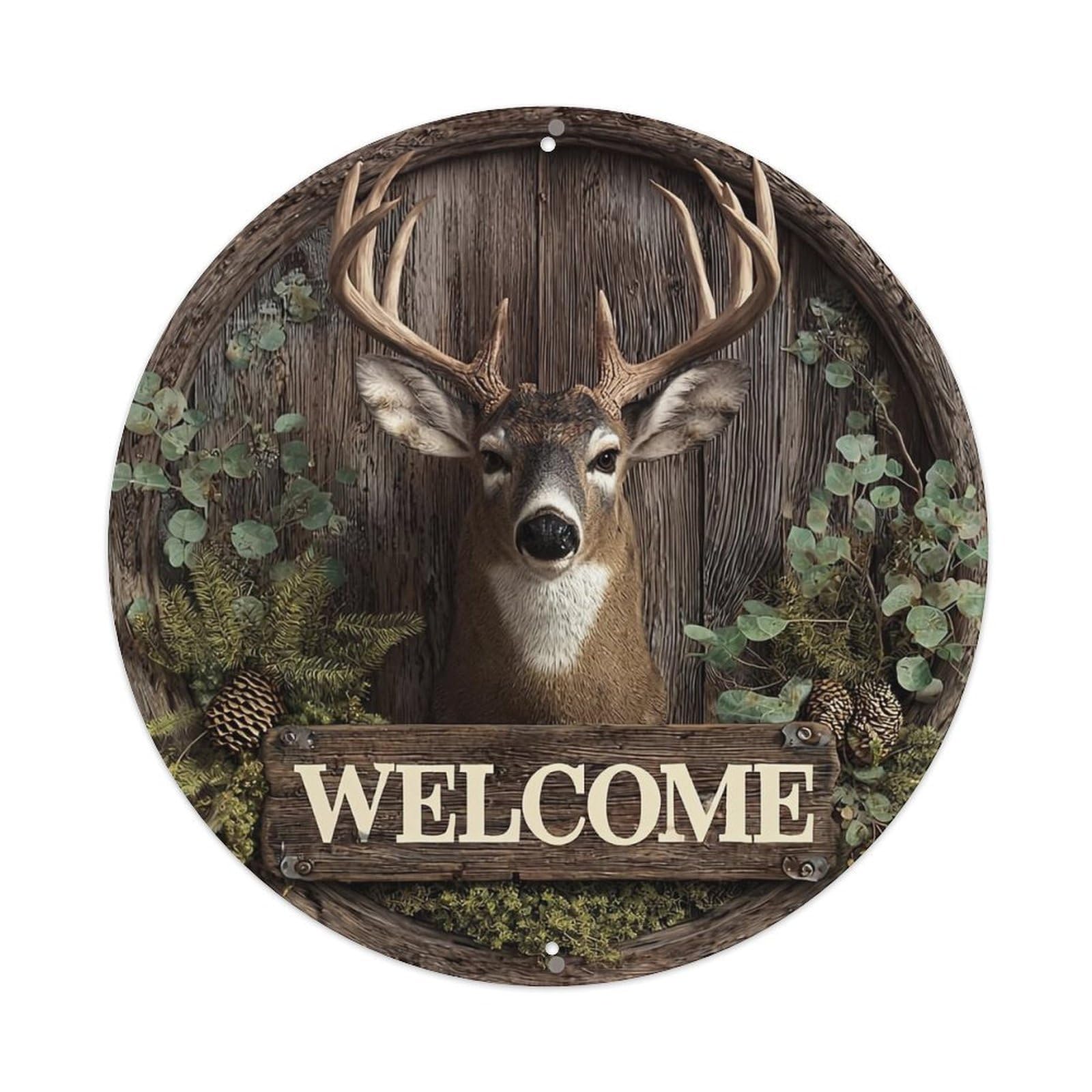 Deer Wood Welcome Sign Pattern Retro Metal Sign Round Tin Sign, Vintage Decor Art Poster for Bar, Home, Man Cave, Kitchen, Laundry Room Gift 8x8Inch