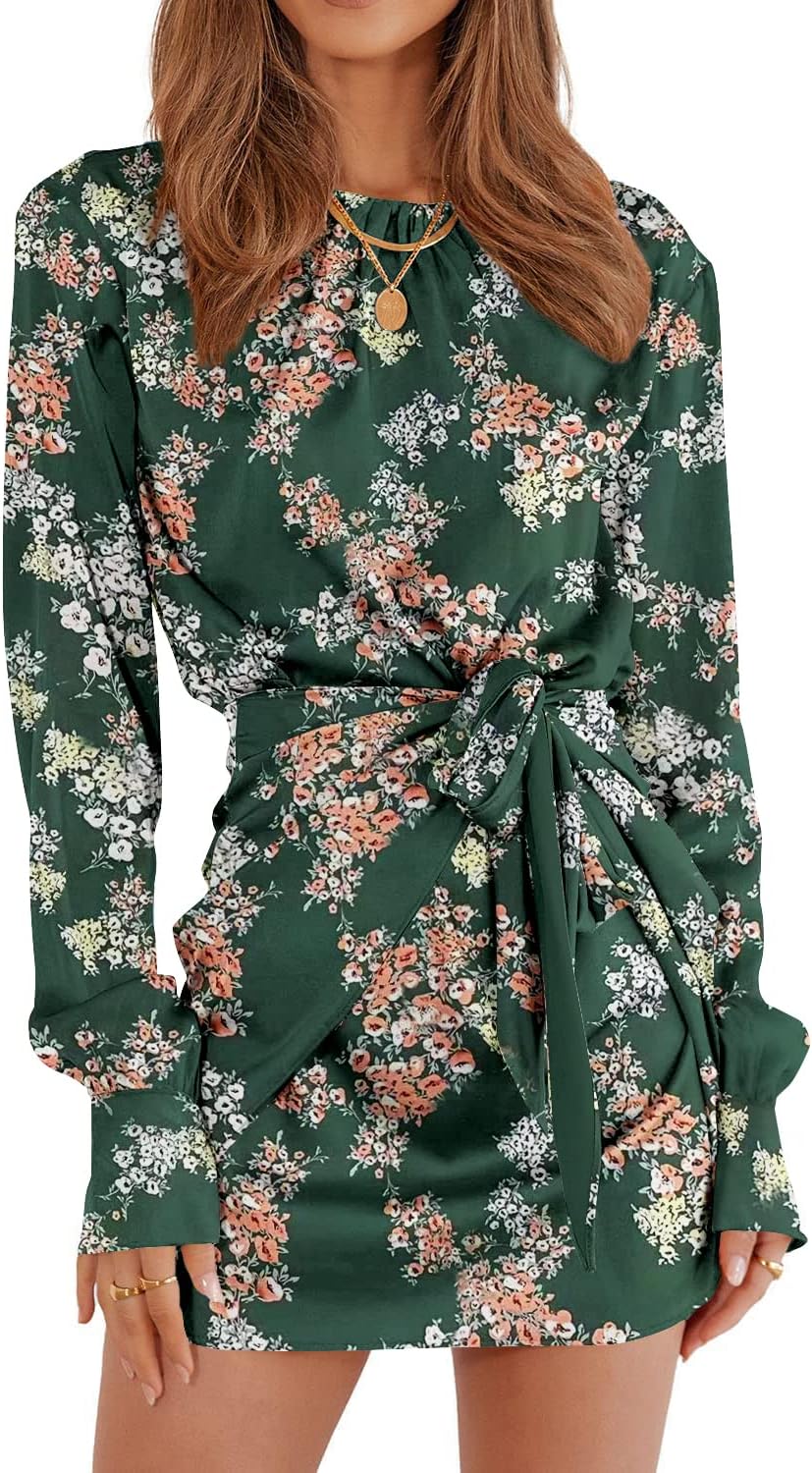 PRETTYGARDENWomen's 2023 Spring Satin Dress Long Sleeve Tie Waist Elegant Cocktail Party Mini Dresses