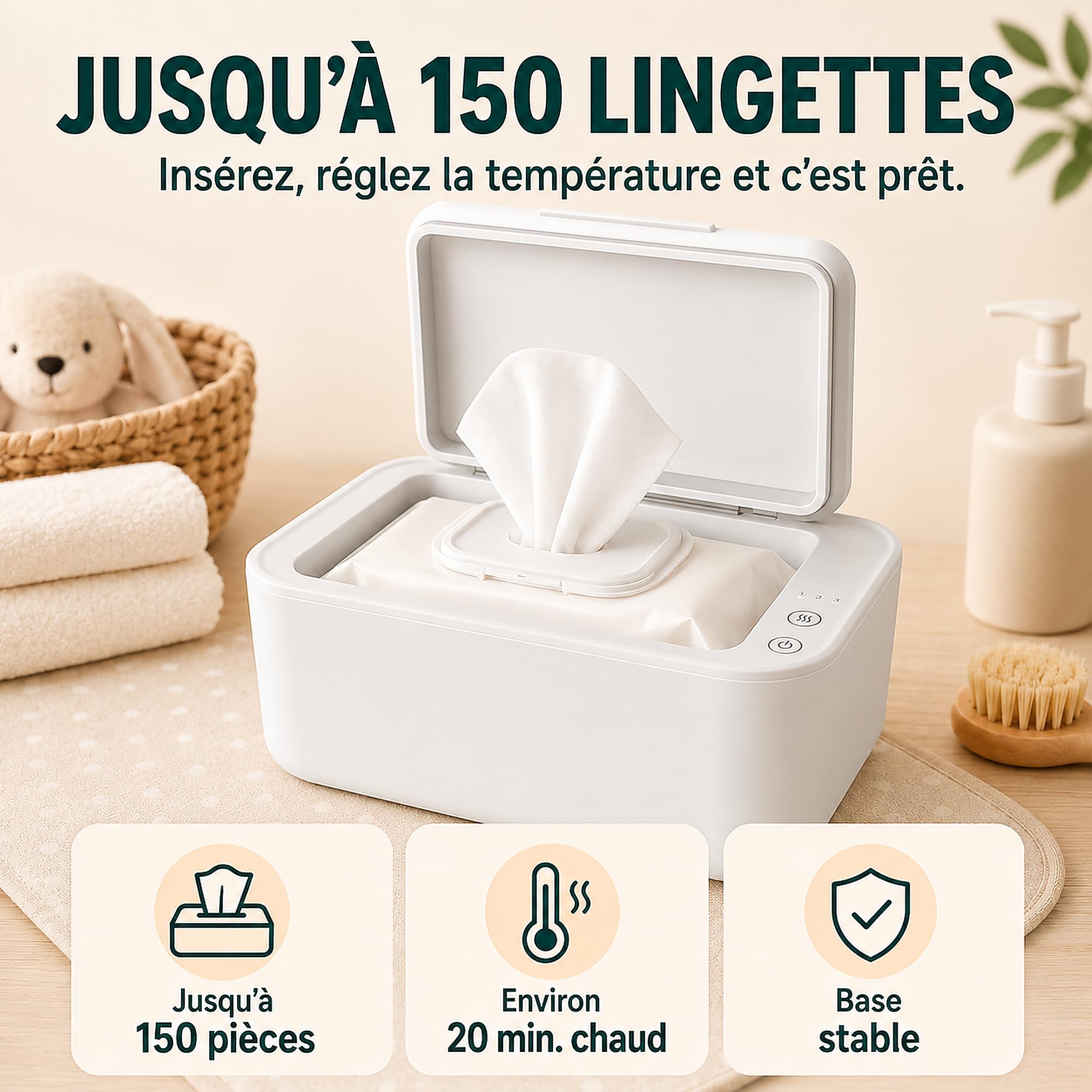 Neno Calor Chauffe Lingettes Bébé Électrique, Chauffe Lingettes Humides avec 3 Niveaux de Température, Écran Tactile, Maintien de l’Humidité, Silencieux, Base Antidérapante, 150 Lingettes