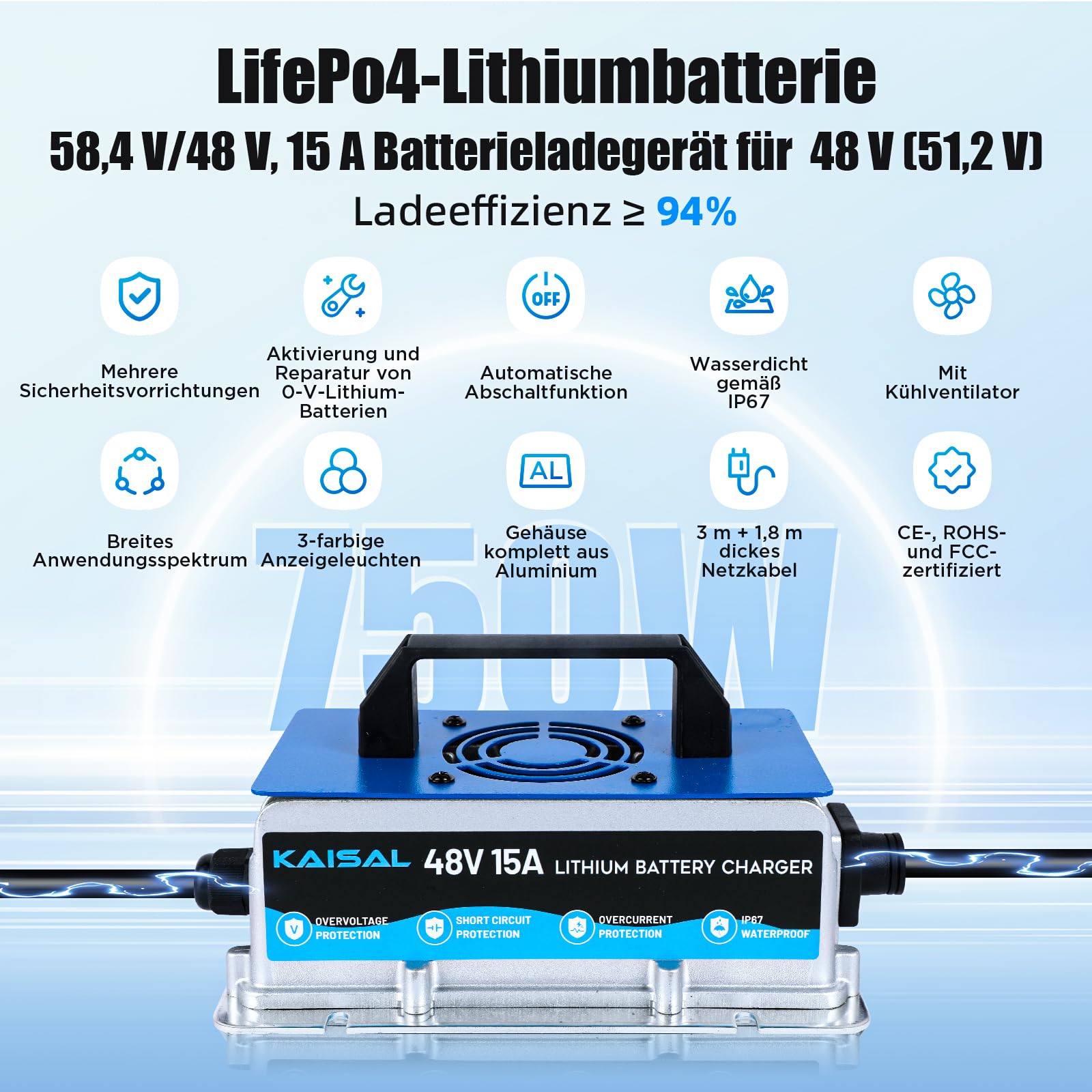 KAISAL 48V 15A LiFePO4 Ladegerät, 58.4V Lithium Batterieladegerät