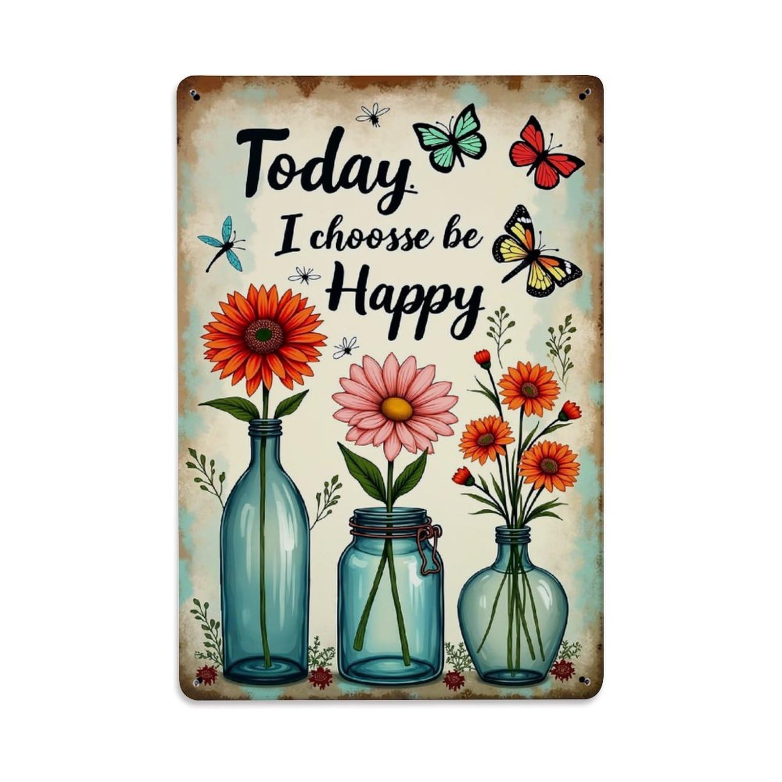 Jdfenggu Vintage Flowers Butterflies Bottles Happy Today Retro Metal Tin Sign, Decor Art Poster For Bar, Home, Man Cave, Kitchen, Laundry Room Gift 8X12inch