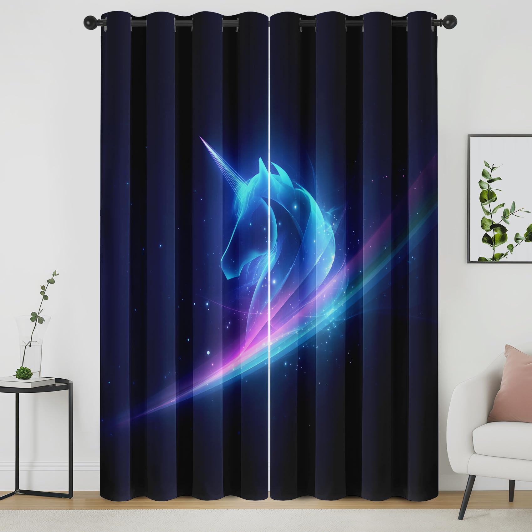 Rideau Occultant Licorne, Animaux Fantaisie Enfants Rideau Thermique Tenture Opaque à Oeillets, Galaxie Ciel Étoilé Rideaux Decoration Chambre Maison Salon Intérieurs, 117x183cm, 2 Pièces
