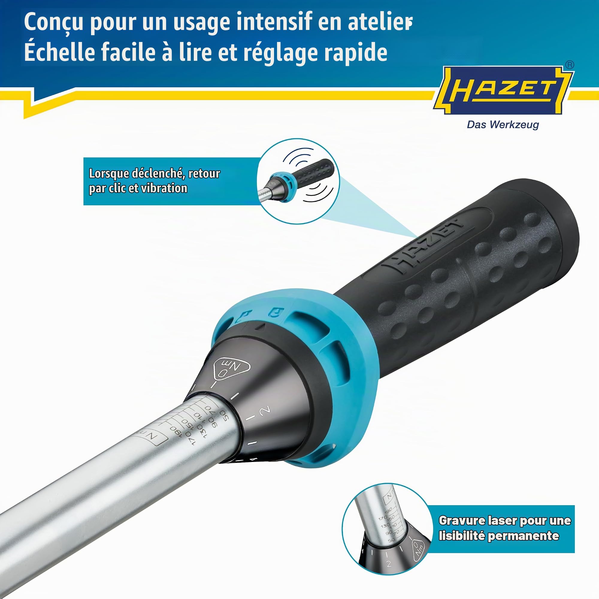 HAZET Clé dynamométrique 5122-2CT I Sortie : carré 12,5 mm, 1/2 pouce, tolérance : 4%, 32 dents I Cliquet réversible pour voiture et vélo I 519mm