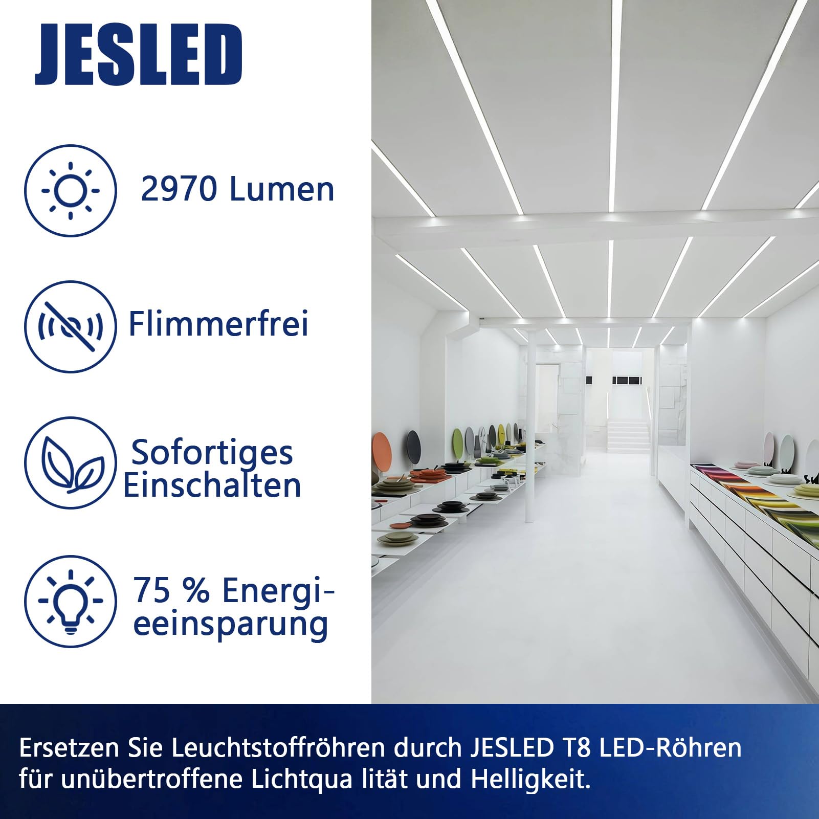 JESLED Zestaw 4 lamp LED 150 cm T8 G13, 18 W 4000 K, 2934 lumenów, PC, wysoka wydajność, w tym starter - idealny do biura, supermarketu, magazynu
