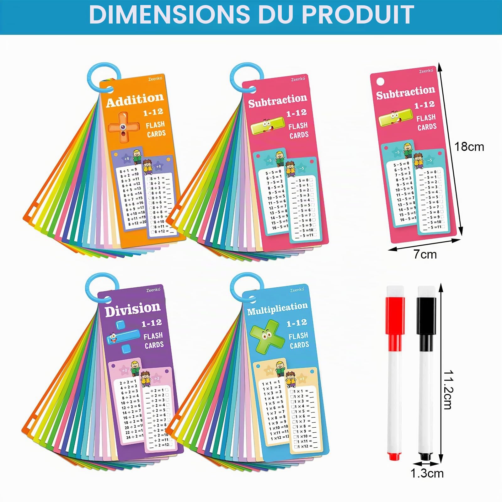 APOMOONS 4 Livres Cartes d'apprentissage avec 8 Feutres Effaçables, Table de Multiplication, Mathématiques pour Apprendre L'addition Soustraction Multiplication et Division