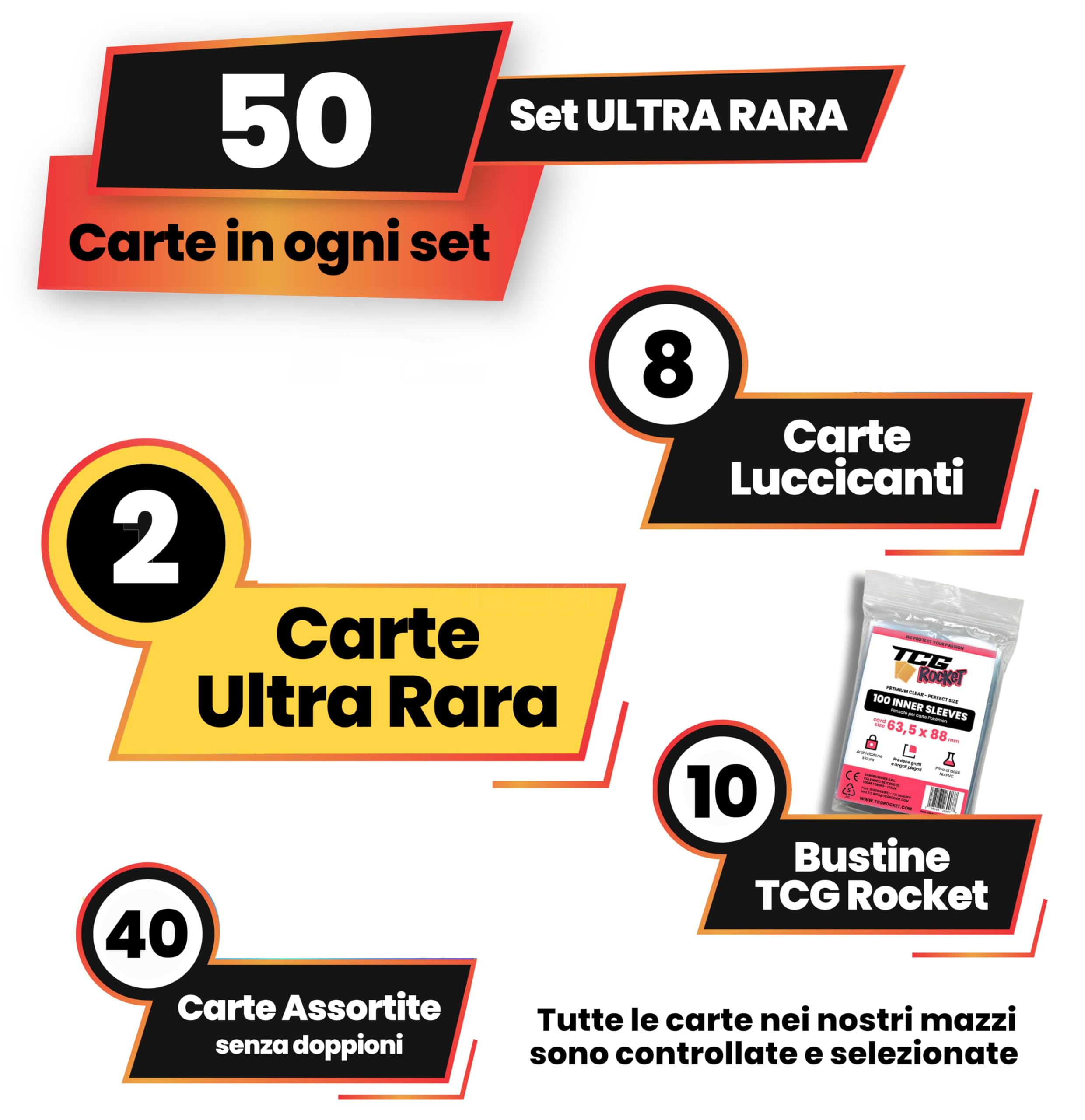 Set ULTRA RARA - 50 CarteOriginali Italiane, con due Ultra Rare garantite (V, Vmax, Ex,...) include 8 Carte brillanti (Holo, Reverse) protette da bustine protettive Premium TCG Rocket (2026)