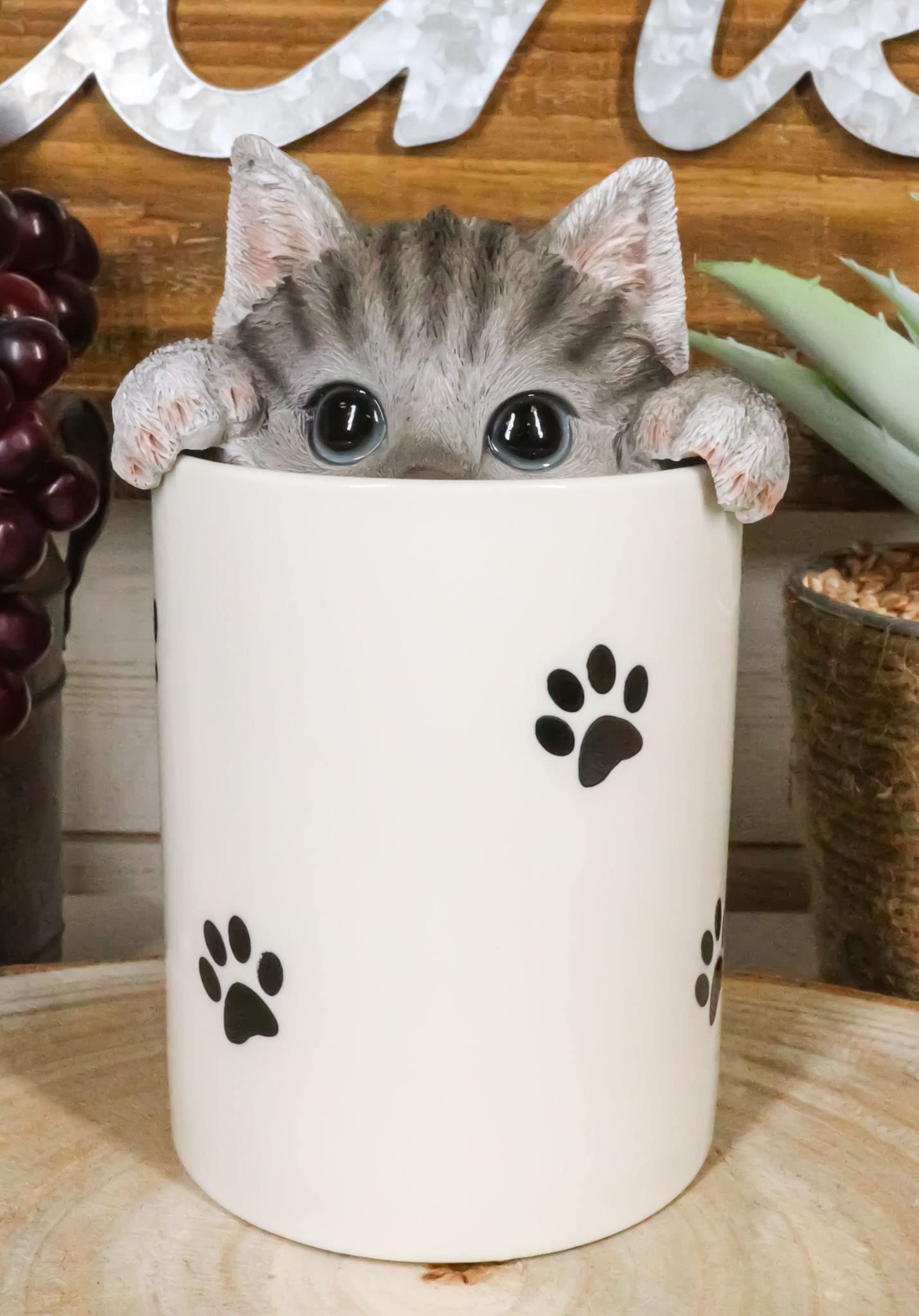 Ebros Gift Ceramic Feline Gray Tabby Cat Hiding and Peeking Dry Storage Jar With Paw Prints 6