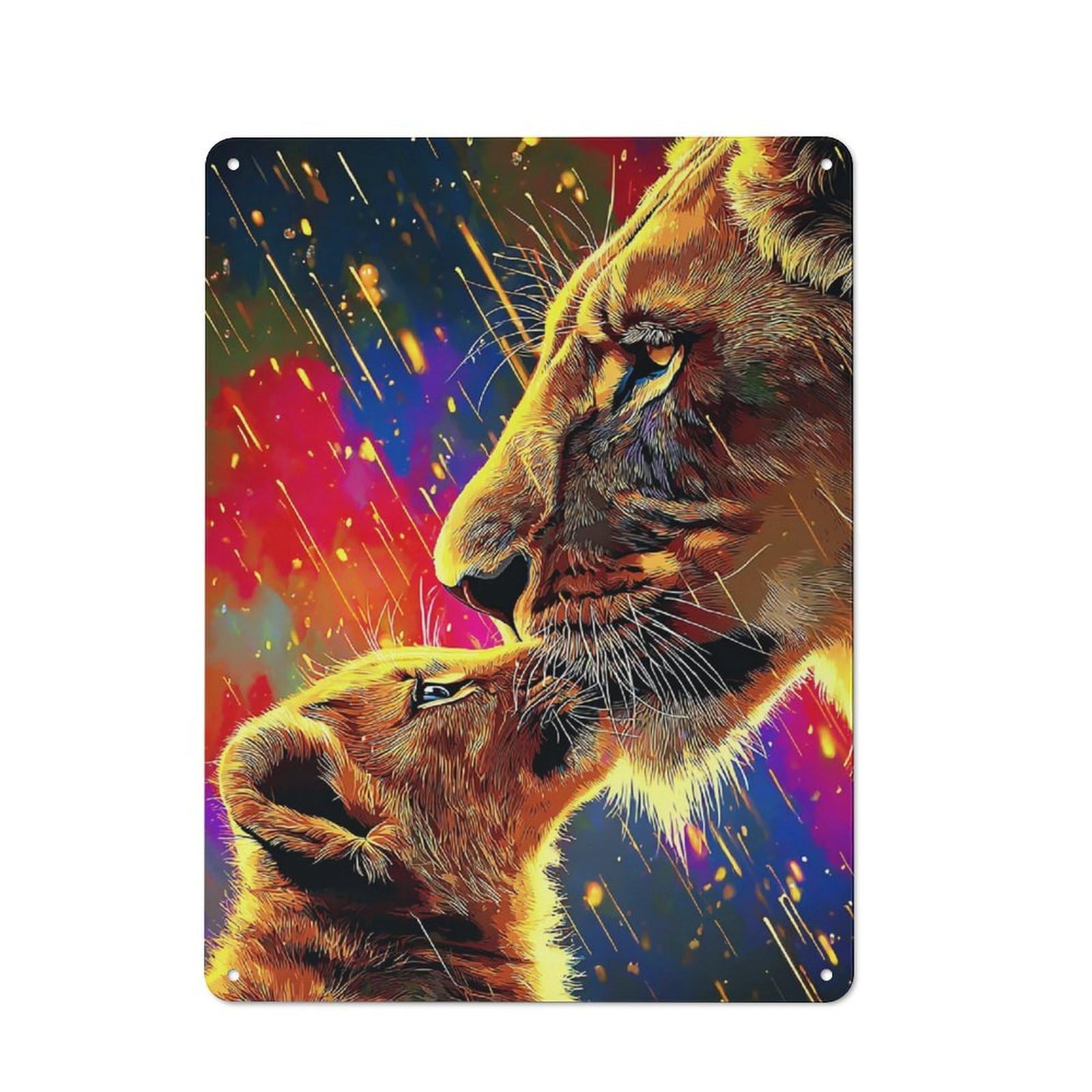Junmoney Lioness And Cub In Artistic Fire Modern Vintage Metal Desk Wall Sign 40X30cm, Office Wall Decor For Office, Study, Studio Or Hallway