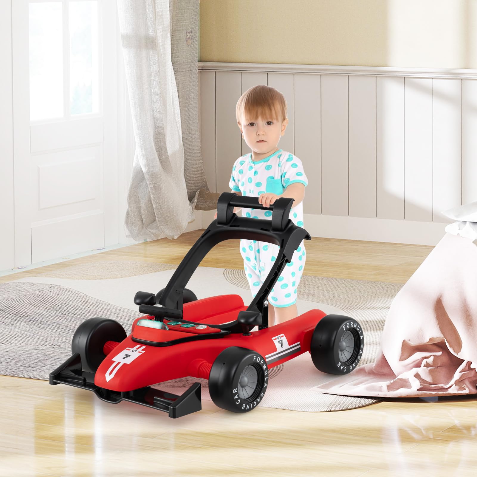 GYMAX 4 in 1 Girello a Spinta Neonato 6 a 12 Mesi, Carico 12kg, Pieghevole con Luci e Suoni, Altezza Regolabili, Carillon Rimovibile, Carrllo Primi Passi per Bambini, 73 x 63 x 51/53/55 cm