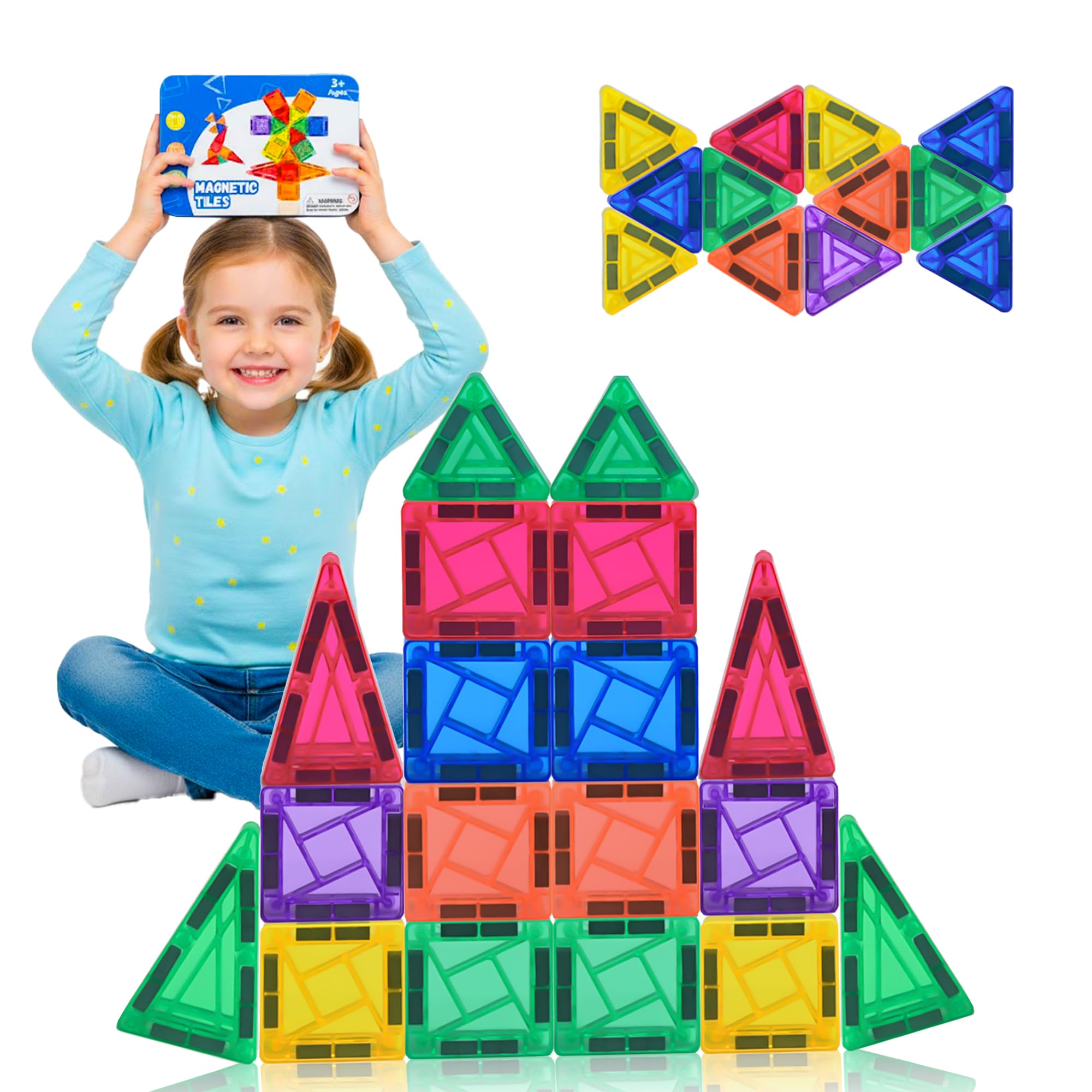 SENMYSI Mini Magnetic Tiles Set of 42 - Magnetic Tiles with Iron Box, Travel Friendly Creativity STEM Montessori Toy for Toddlers & Kids 3-8 Years Old Boys Girls Educational Birthday